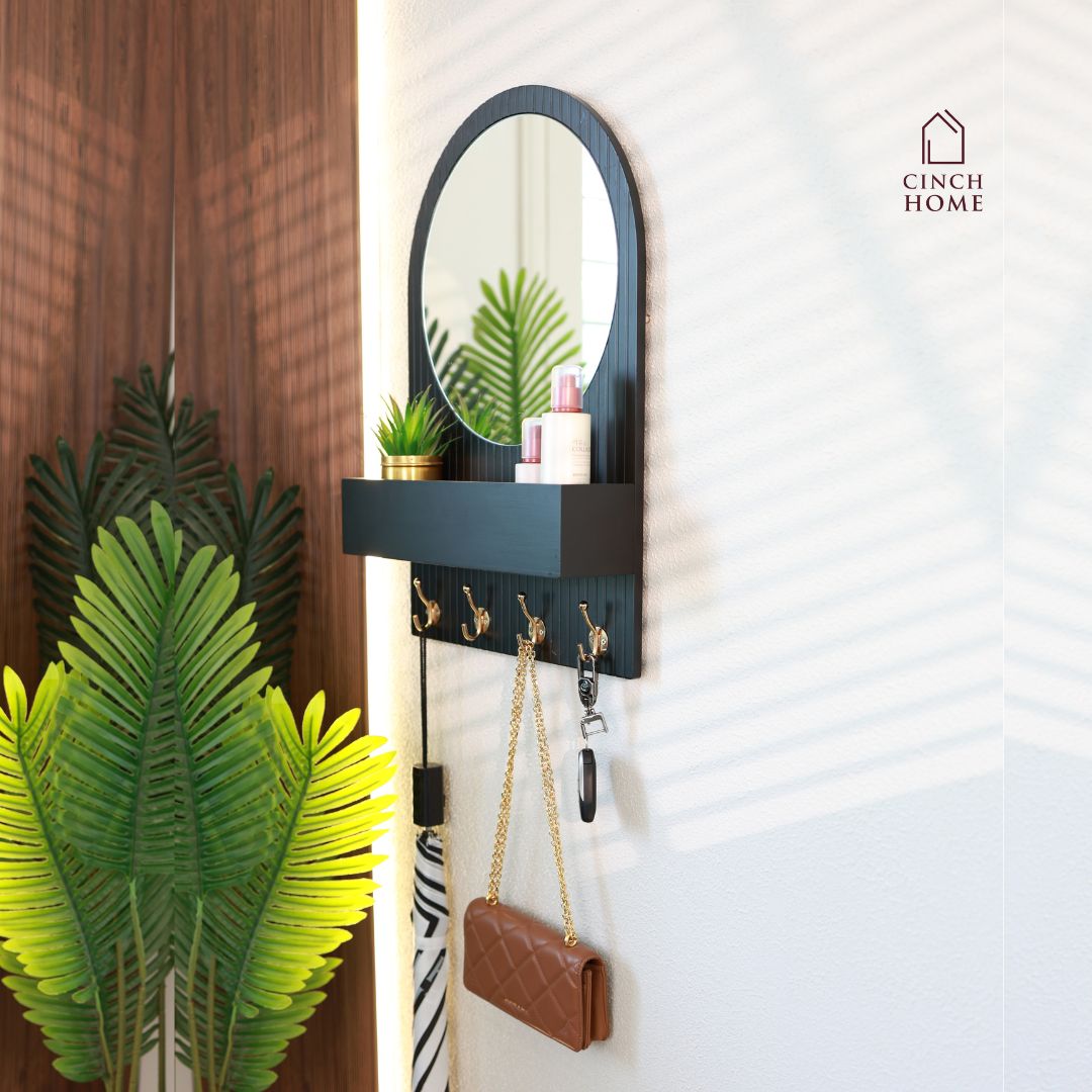 Organizador de Entrada com Espelho Redondo com Ganchos Duplos e Prateleira