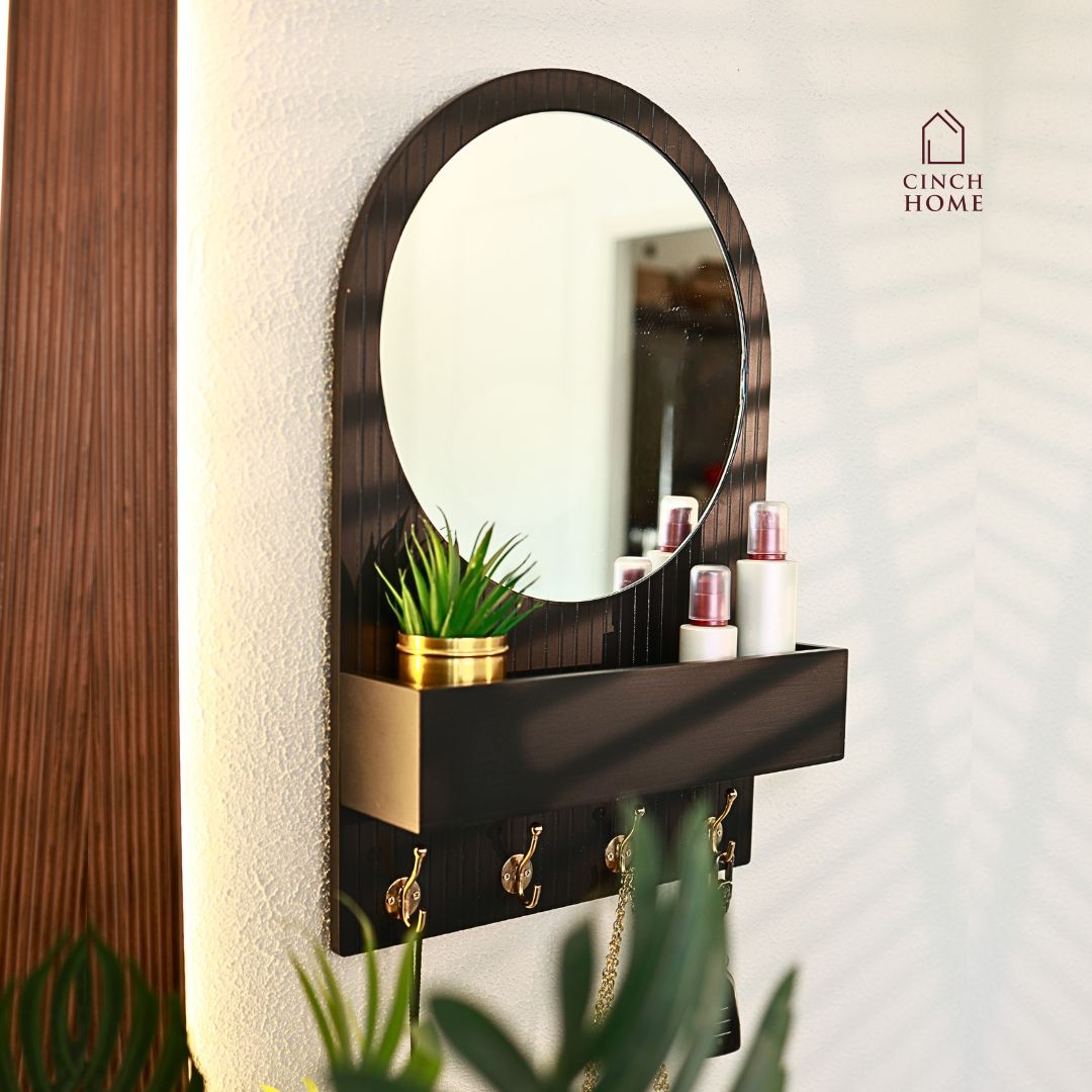 Organizador de Entrada com Espelho Redondo com Ganchos Duplos e Prateleira