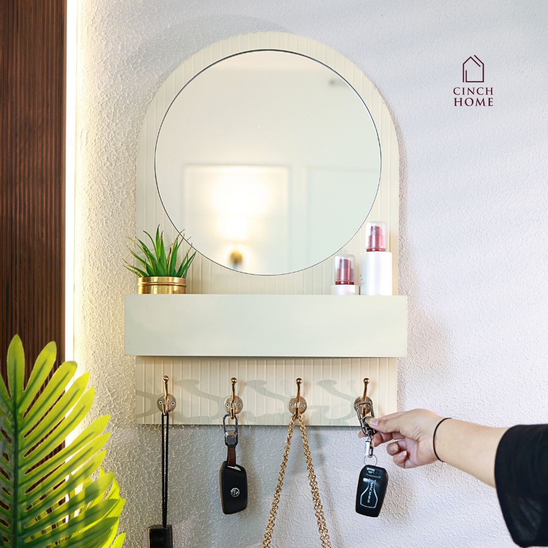 Organizador de Entrada com Espelho Redondo com Ganchos Duplos e Prateleira