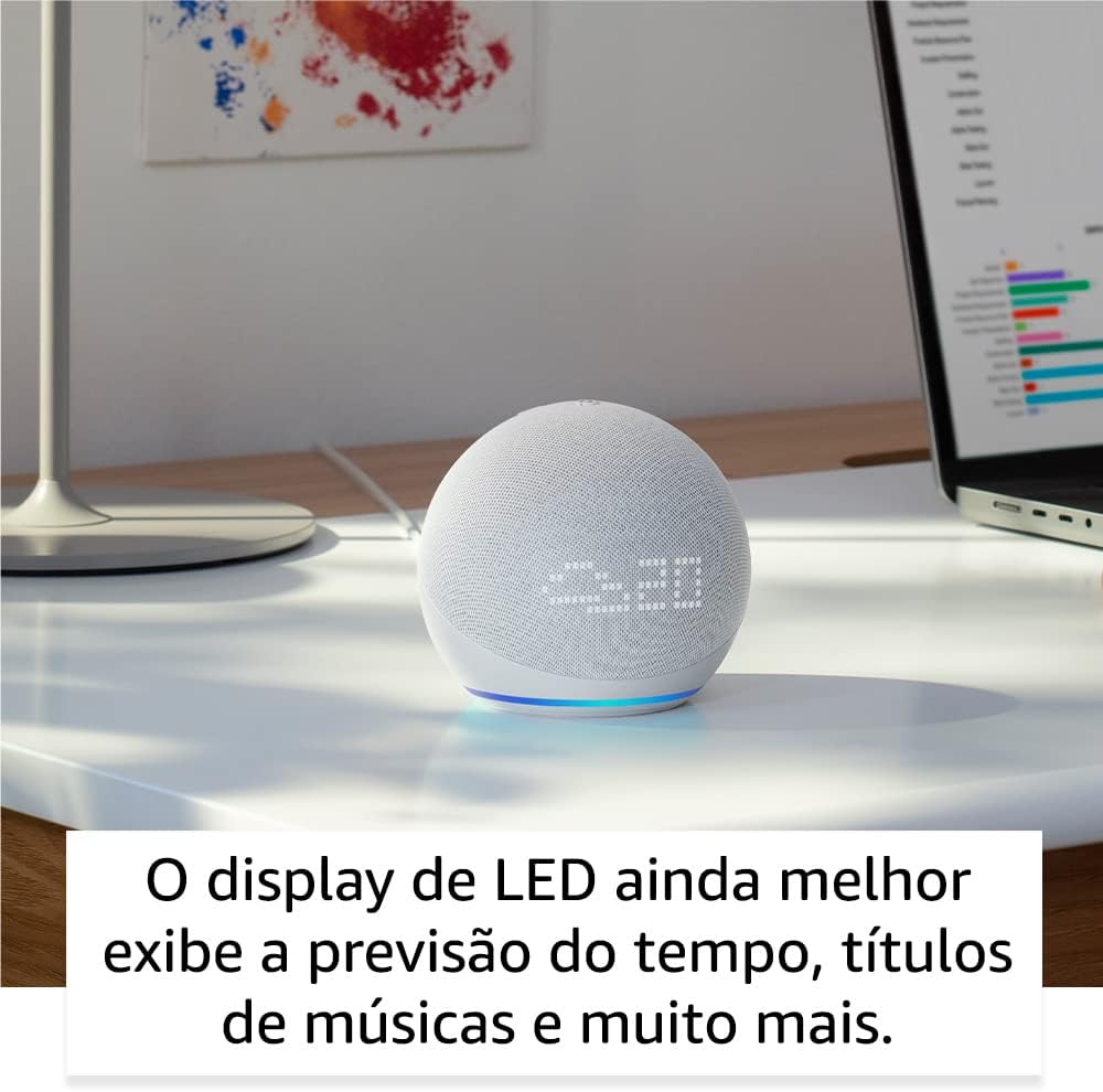 Echo Dot 5ª geração com Relógio | Smart speaker com Alexa | Cor Branca + Lâmpada Positivo 9W