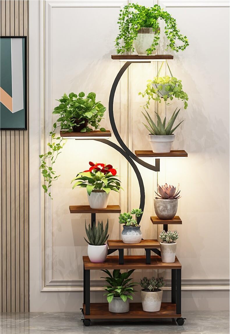 Plant Stand Indoor with Grow Lights, 8 Tiered Indoor Plant Shelf, 61" Tall Plant Stand for Indoor Plants Multiple, Metal Plant Flower Holder Stand, S-Shaped Plant Rack for Home, Patio (Black)