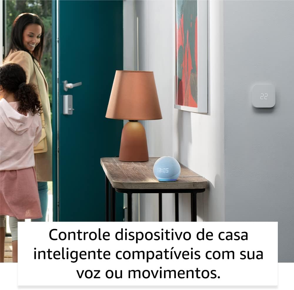 Echo Dot 5ª geração com Relógio | Smart speaker com Alexa | Cor Branca + Lâmpada Positivo 9W