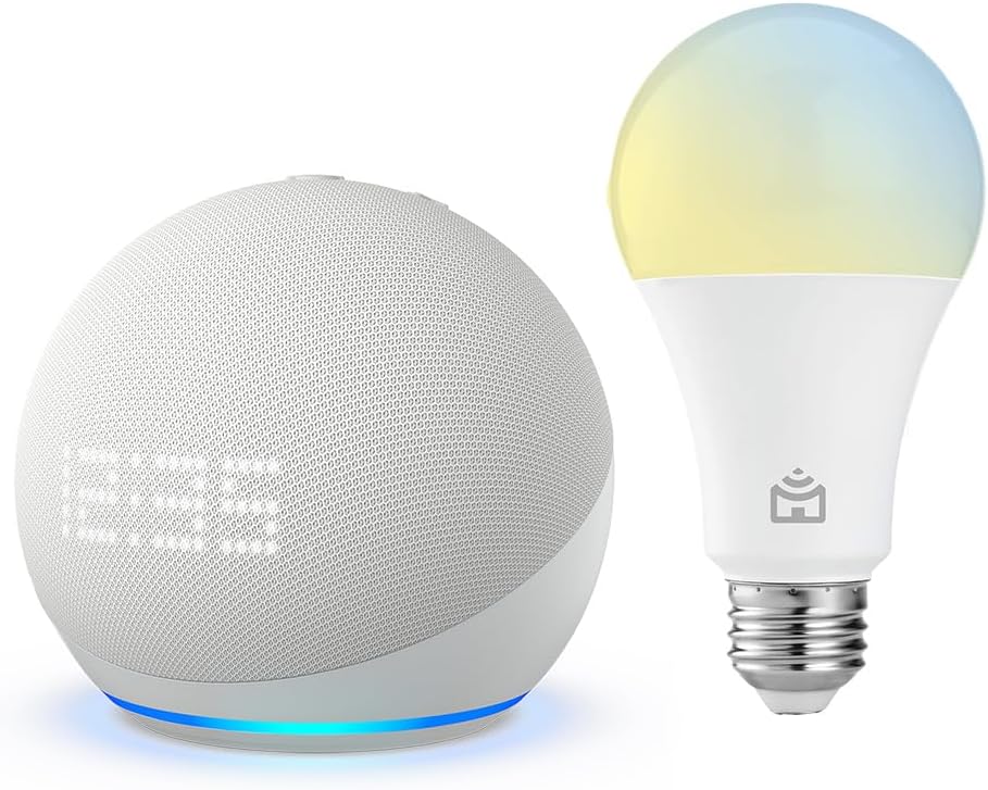 Echo Dot 5ª geração com Relógio | Smart speaker com Alexa | Cor Branca + Lâmpada Positivo 9W