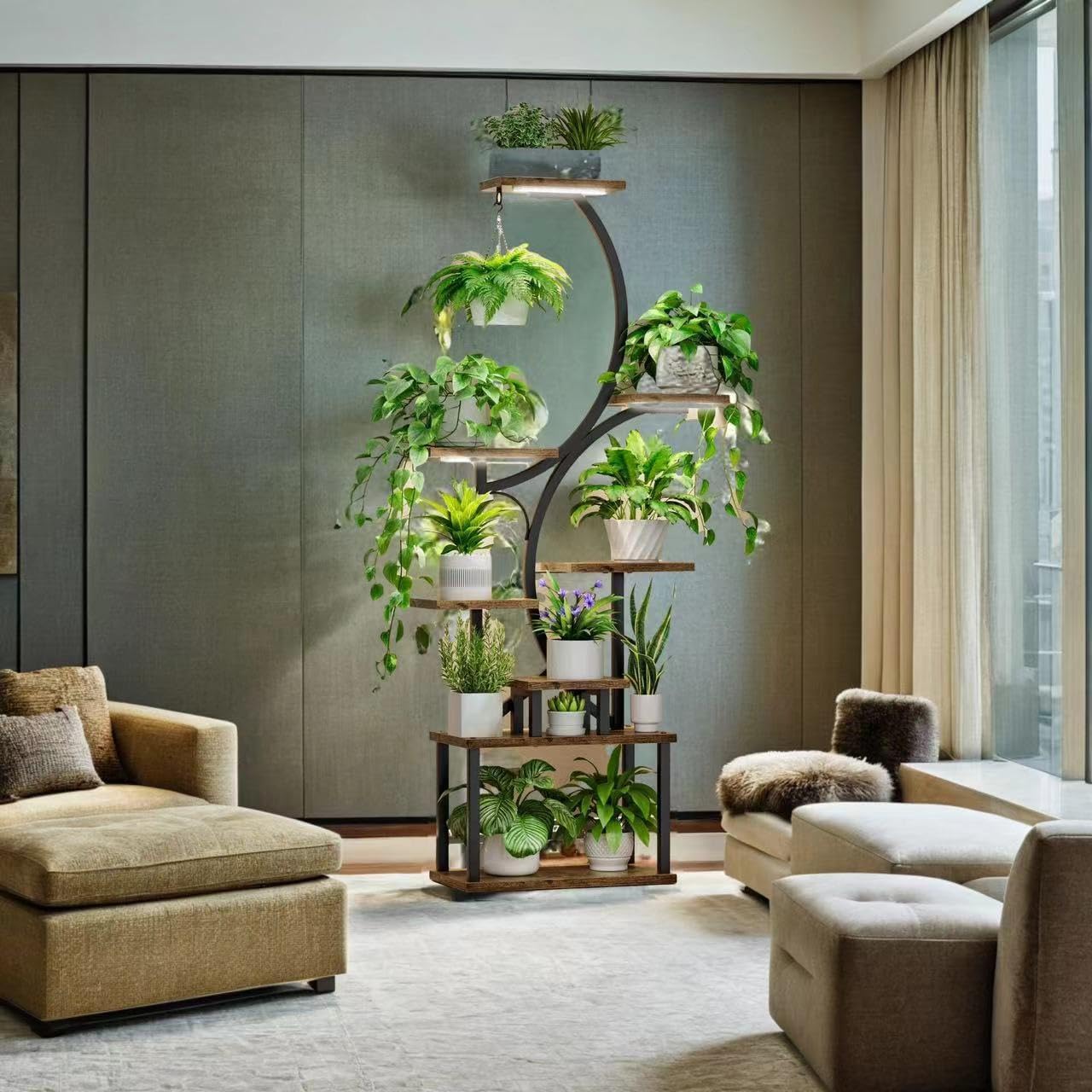 Plant Stand Indoor with Grow Lights, 8 Tiered Indoor Plant Shelf, 61" Tall Plant Stand for Indoor Plants Multiple, Metal Plant Flower Holder Stand, S-Shaped Plant Rack for Home, Patio (Black)