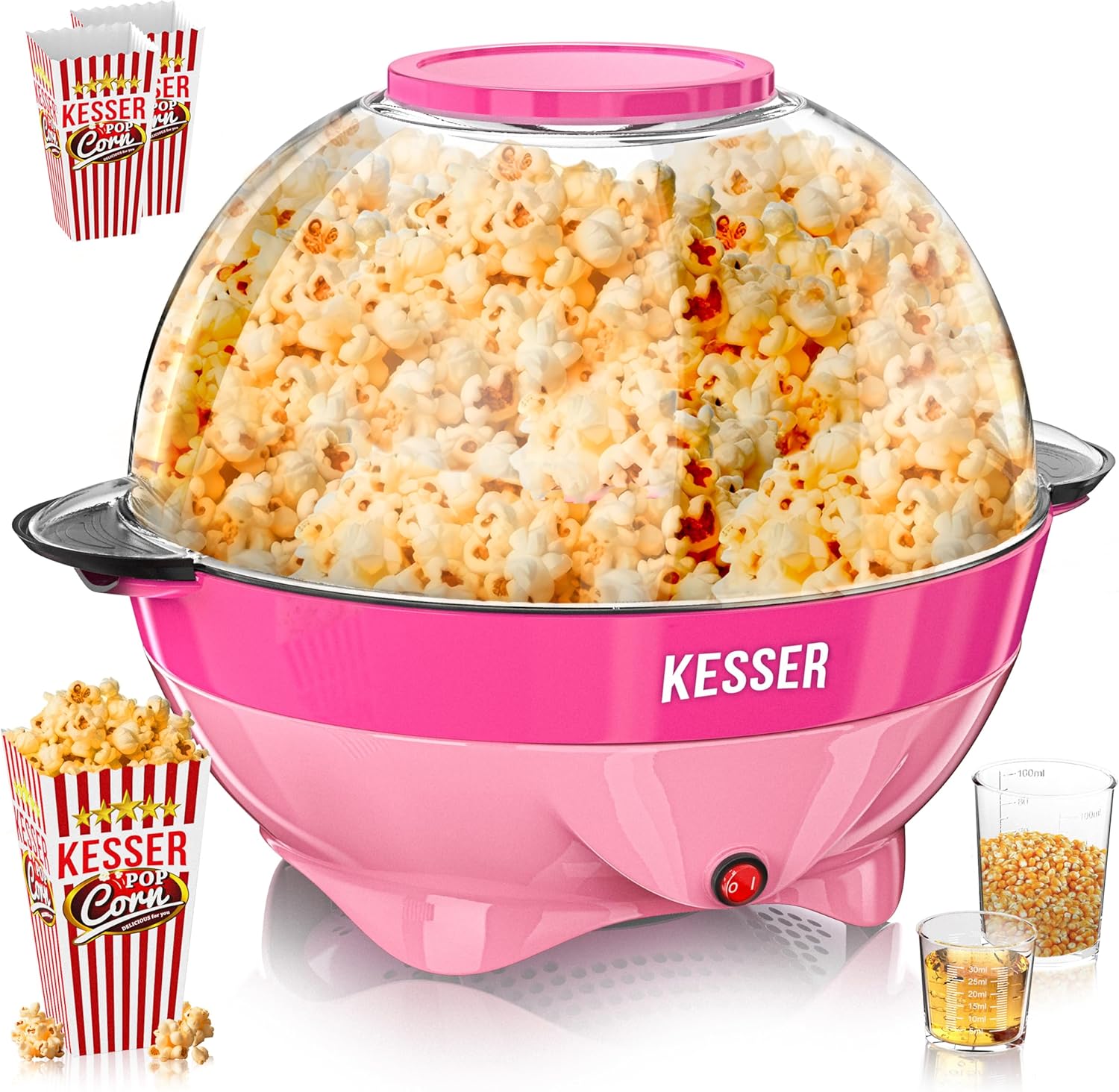 KESSER® Popcorn Machine Large 800 W Popcorn Maker 5.5 L Capacity with Non-Stick Coating Lid and Serving Bowl for Oil Butter Sugar Silent & Quick Includes Measuring and Popcorn Cup Removable Heating