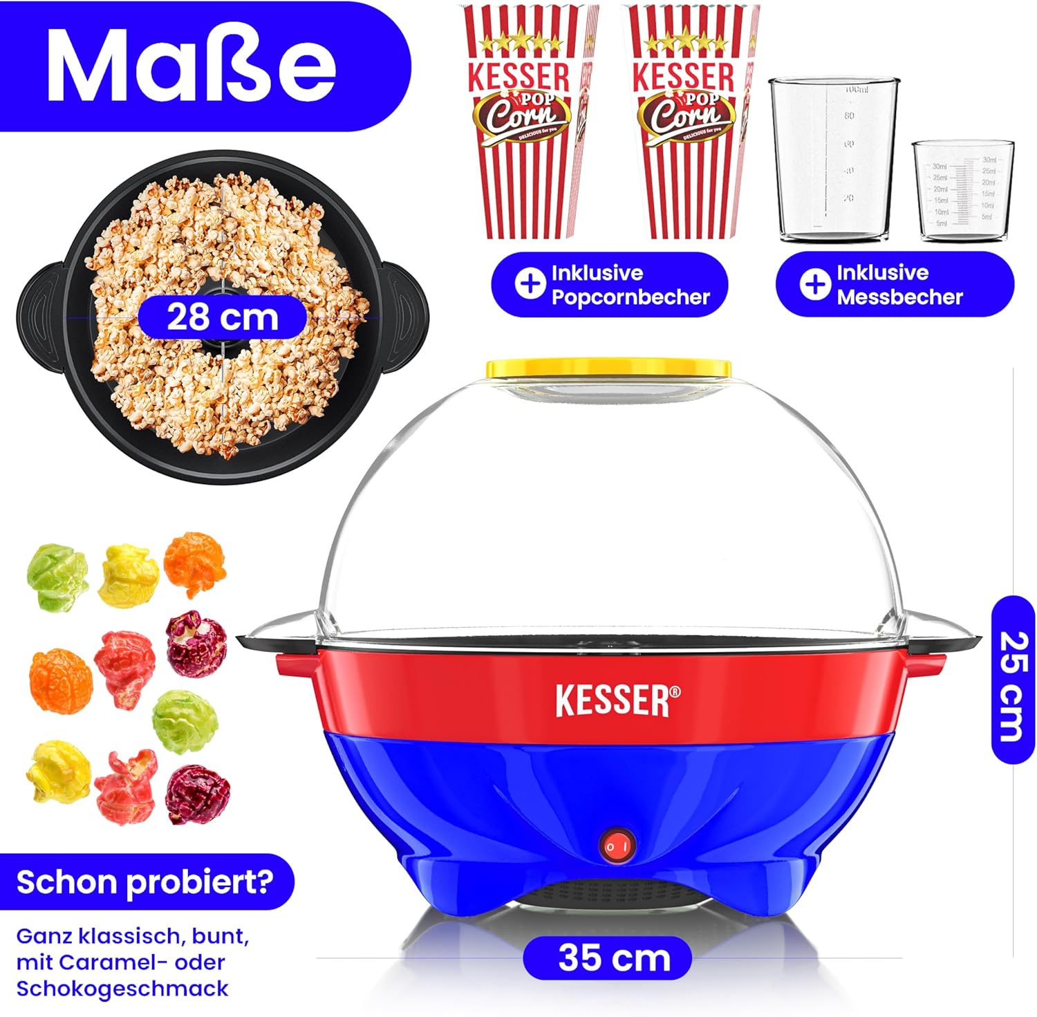 KESSER® Popcorn Machine Large 800 W Popcorn Maker 5.5 L Capacity with Non-Stick Coating Lid and Serving Bowl for Oil Butter Sugar Silent & Quick Includes Measuring and Popcorn Cup Removable Heating