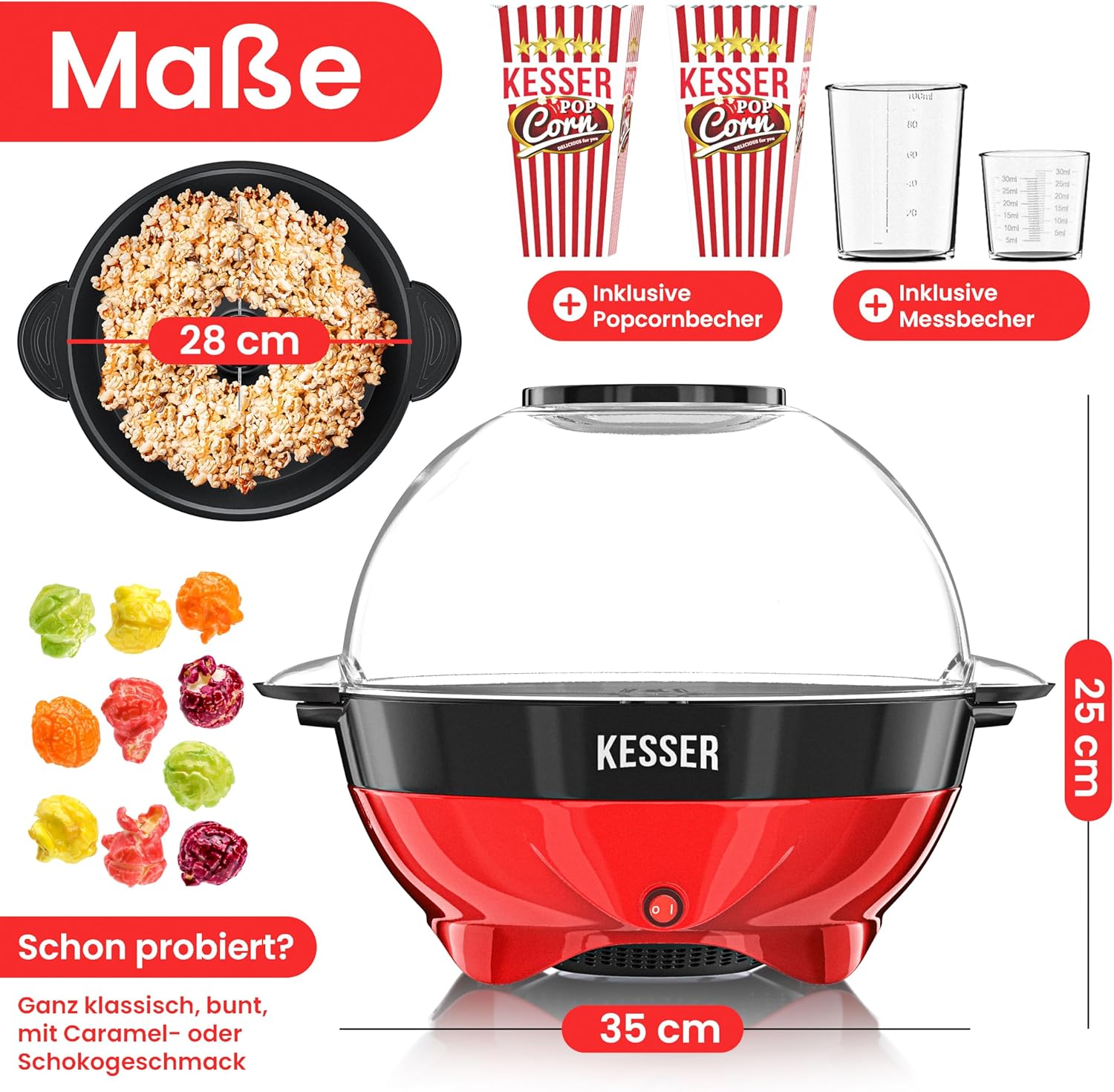 KESSER® Popcorn Machine Large 800 W Popcorn Maker 5.5 L Capacity with Non-Stick Coating Lid and Serving Bowl for Oil Butter Sugar Silent & Quick Includes Measuring and Popcorn Cup Removable Heating