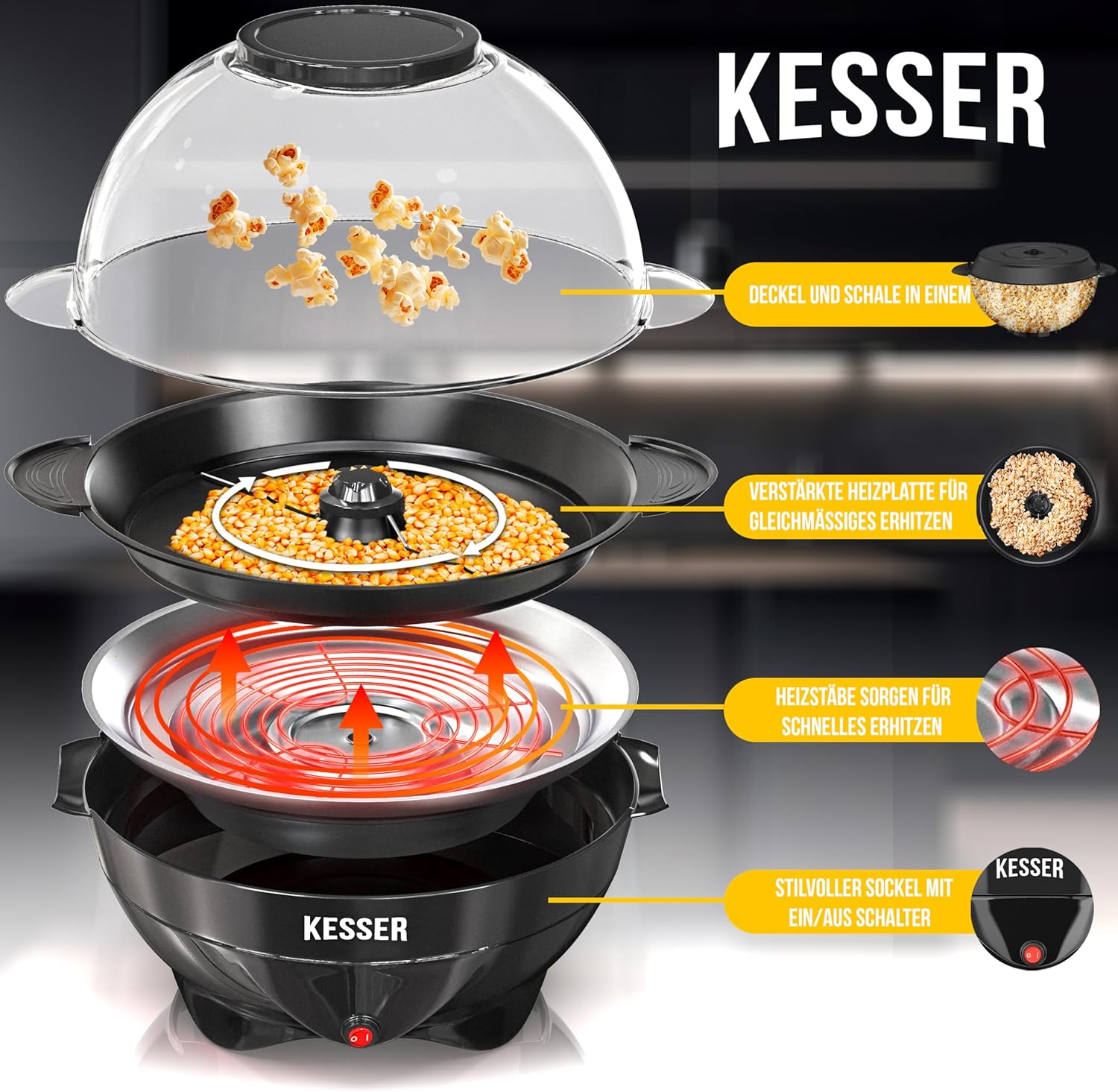 KESSER® Popcorn Machine Large 800 W Popcorn Maker 5.5 L Capacity with Non-Stick Coating Lid and Serving Bowl for Oil Butter Sugar Silent & Quick Includes Measuring and Popcorn Cup Removable Heating