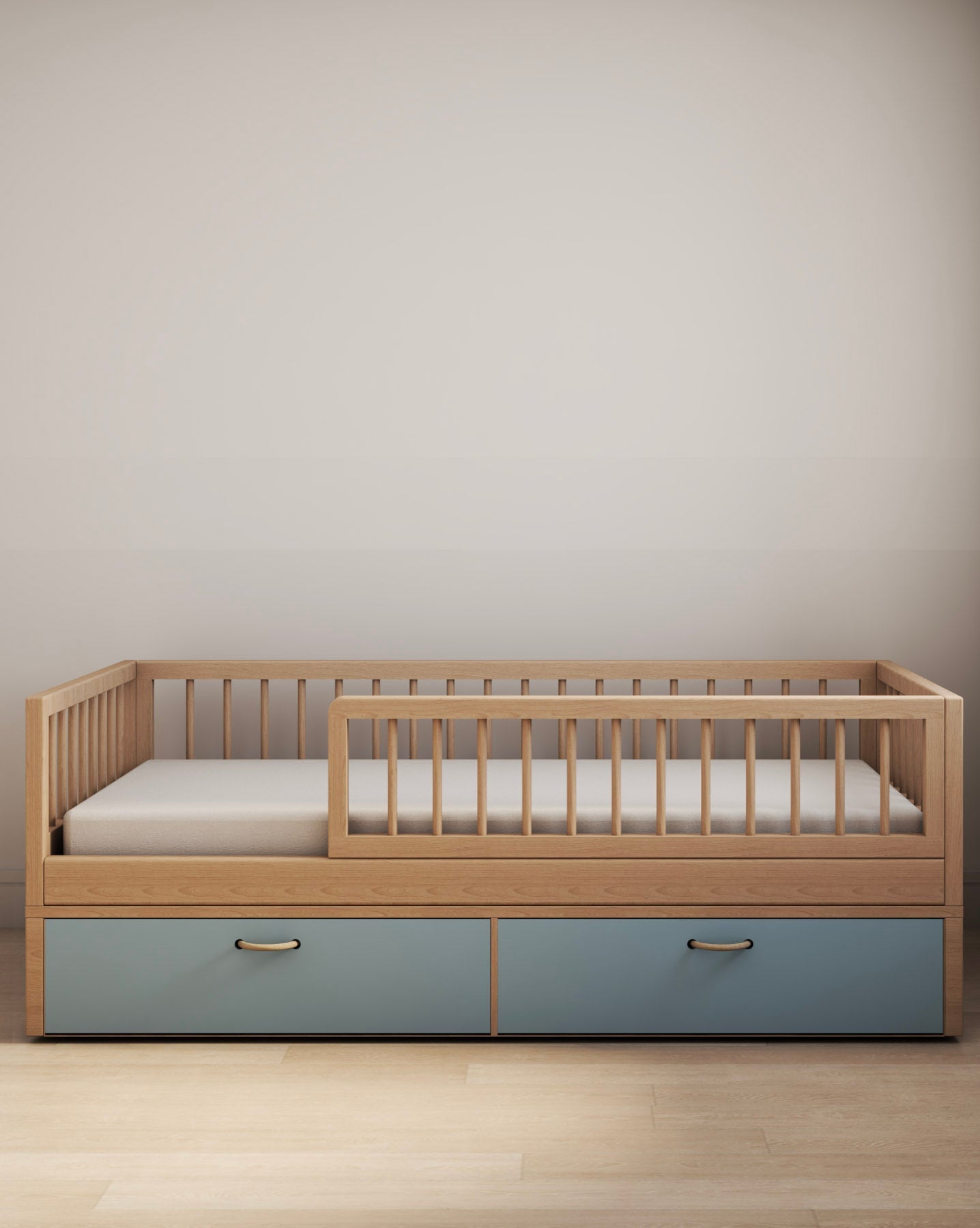 Cama Montessori Evolutiva - Saída Lateral + Gavetões Azuis