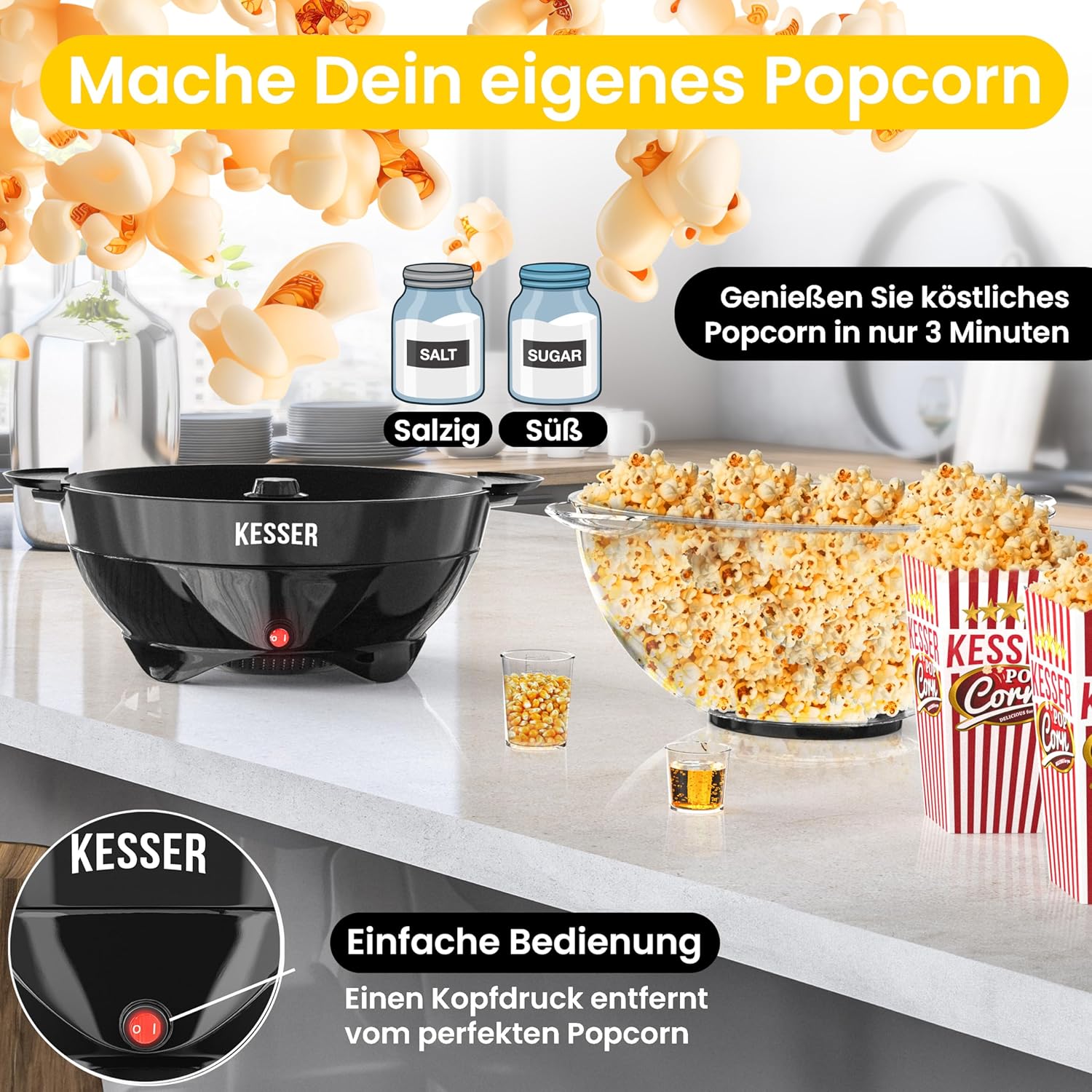 KESSER® Popcorn Machine Large 800 W Popcorn Maker 5.5 L Capacity with Non-Stick Coating Lid and Serving Bowl for Oil Butter Sugar Silent & Quick Includes Measuring and Popcorn Cup Removable Heating