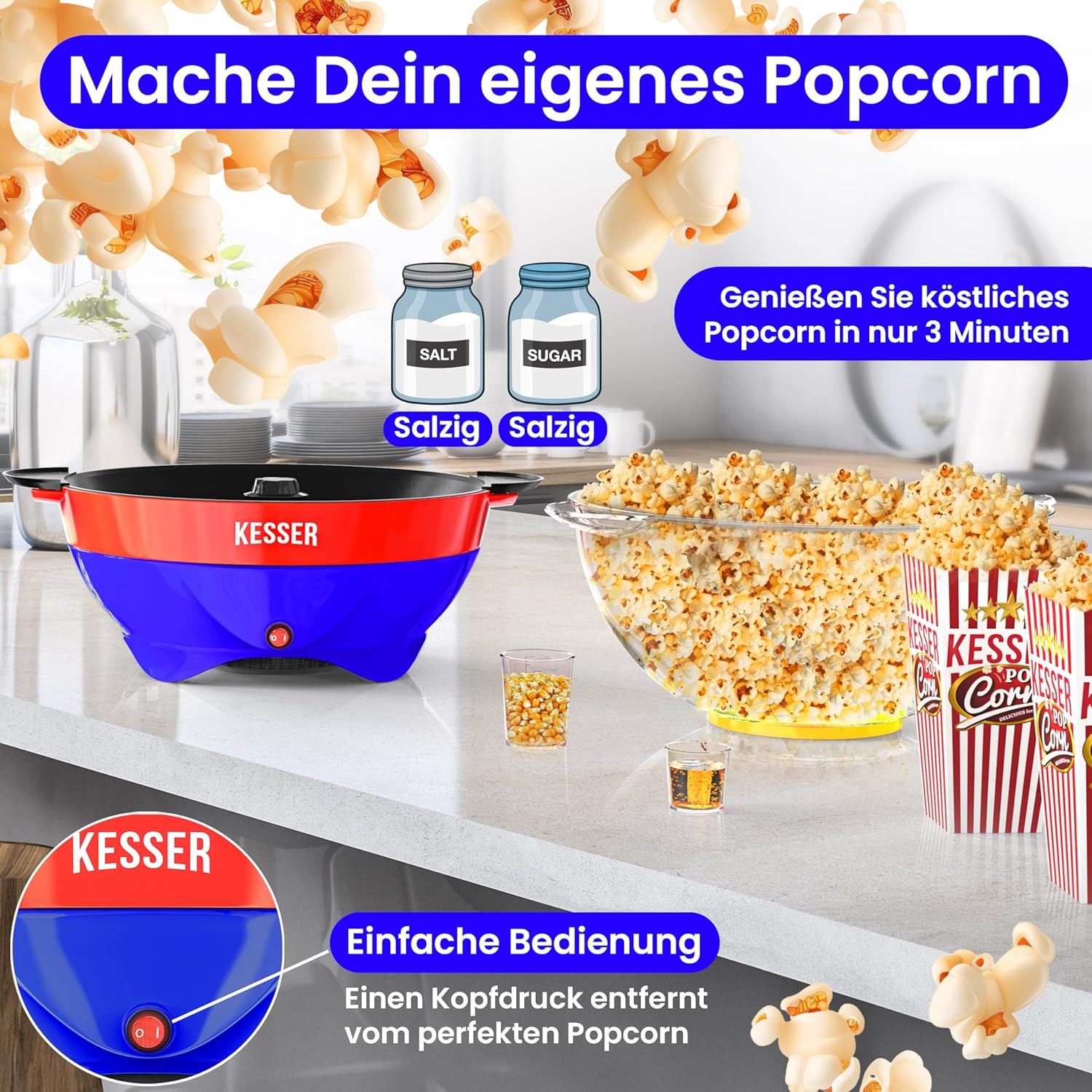 KESSER® Popcorn Machine Large 800 W Popcorn Maker 5.5 L Capacity with Non-Stick Coating Lid and Serving Bowl for Oil Butter Sugar Silent & Quick Includes Measuring and Popcorn Cup Removable Heating