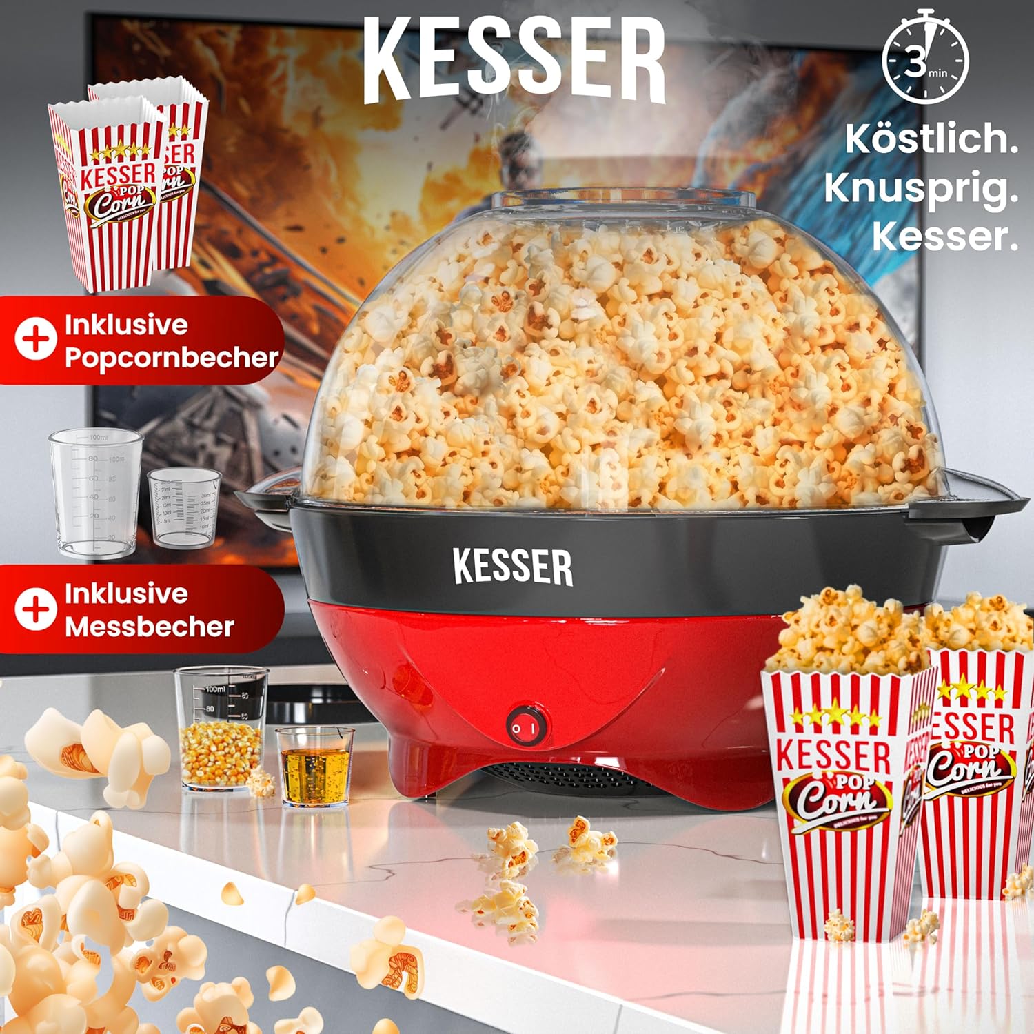 KESSER® Popcorn Machine Large 800 W Popcorn Maker 5.5 L Capacity with Non-Stick Coating Lid and Serving Bowl for Oil Butter Sugar Silent & Quick Includes Measuring and Popcorn Cup Removable Heating