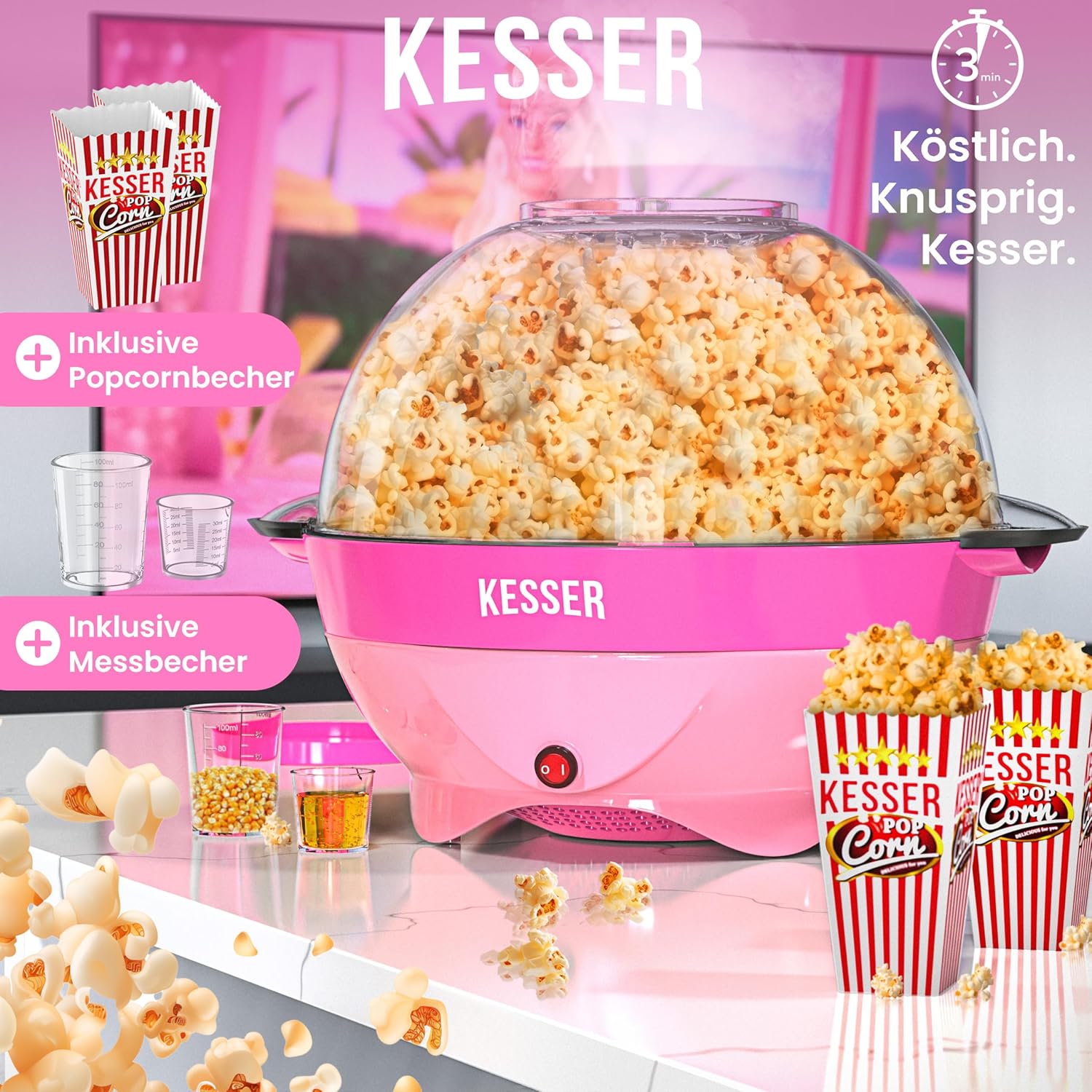 KESSER® Popcorn Machine Large 800 W Popcorn Maker 5.5 L Capacity with Non-Stick Coating Lid and Serving Bowl for Oil Butter Sugar Silent & Quick Includes Measuring and Popcorn Cup Removable Heating