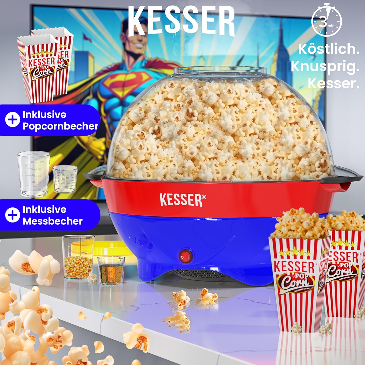 KESSER® Popcorn Machine Large 800 W Popcorn Maker 5.5 L Capacity with Non-Stick Coating Lid and Serving Bowl for Oil Butter Sugar Silent & Quick Includes Measuring and Popcorn Cup Removable Heating