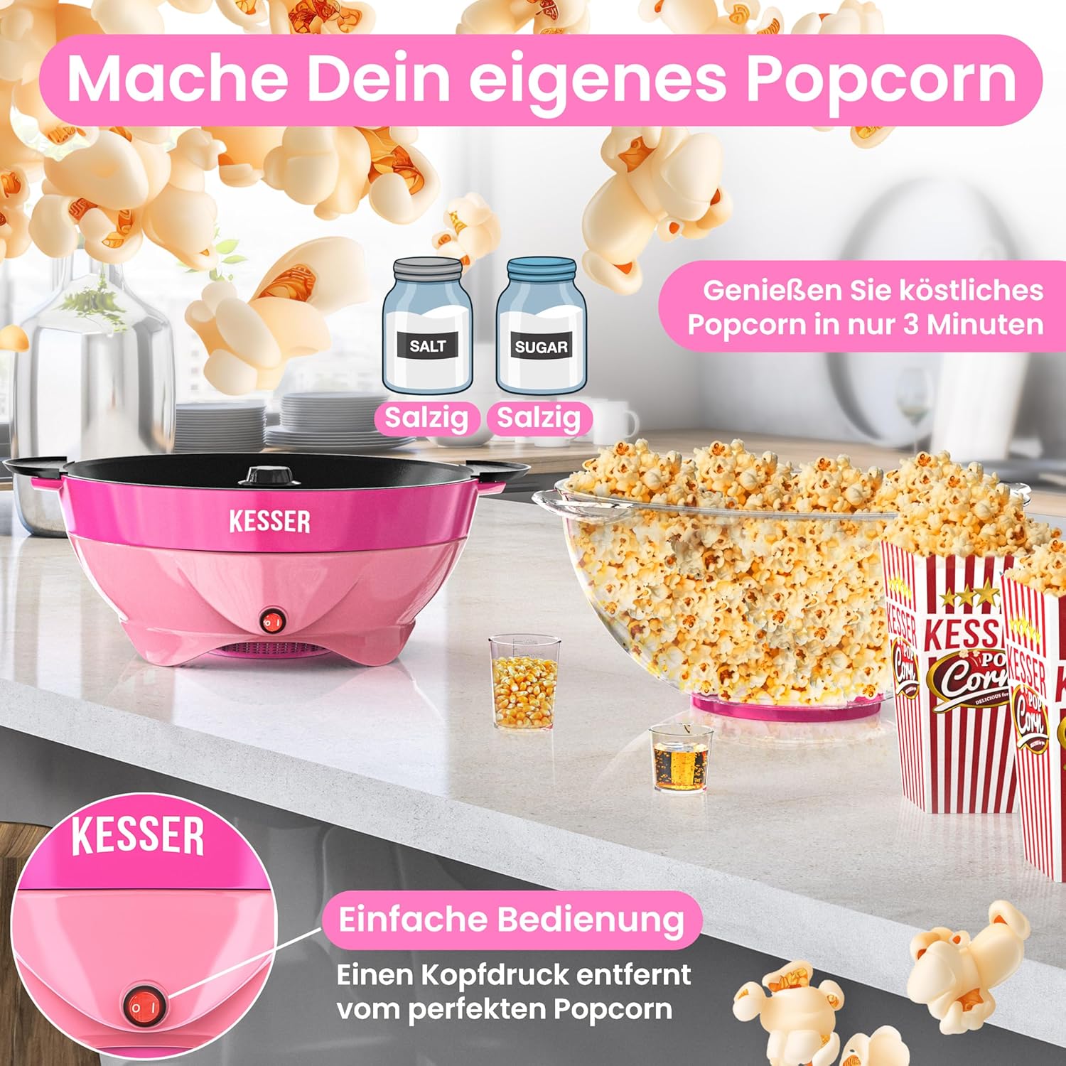 KESSER® Popcorn Machine Large 800 W Popcorn Maker 5.5 L Capacity with Non-Stick Coating Lid and Serving Bowl for Oil Butter Sugar Silent & Quick Includes Measuring and Popcorn Cup Removable Heating