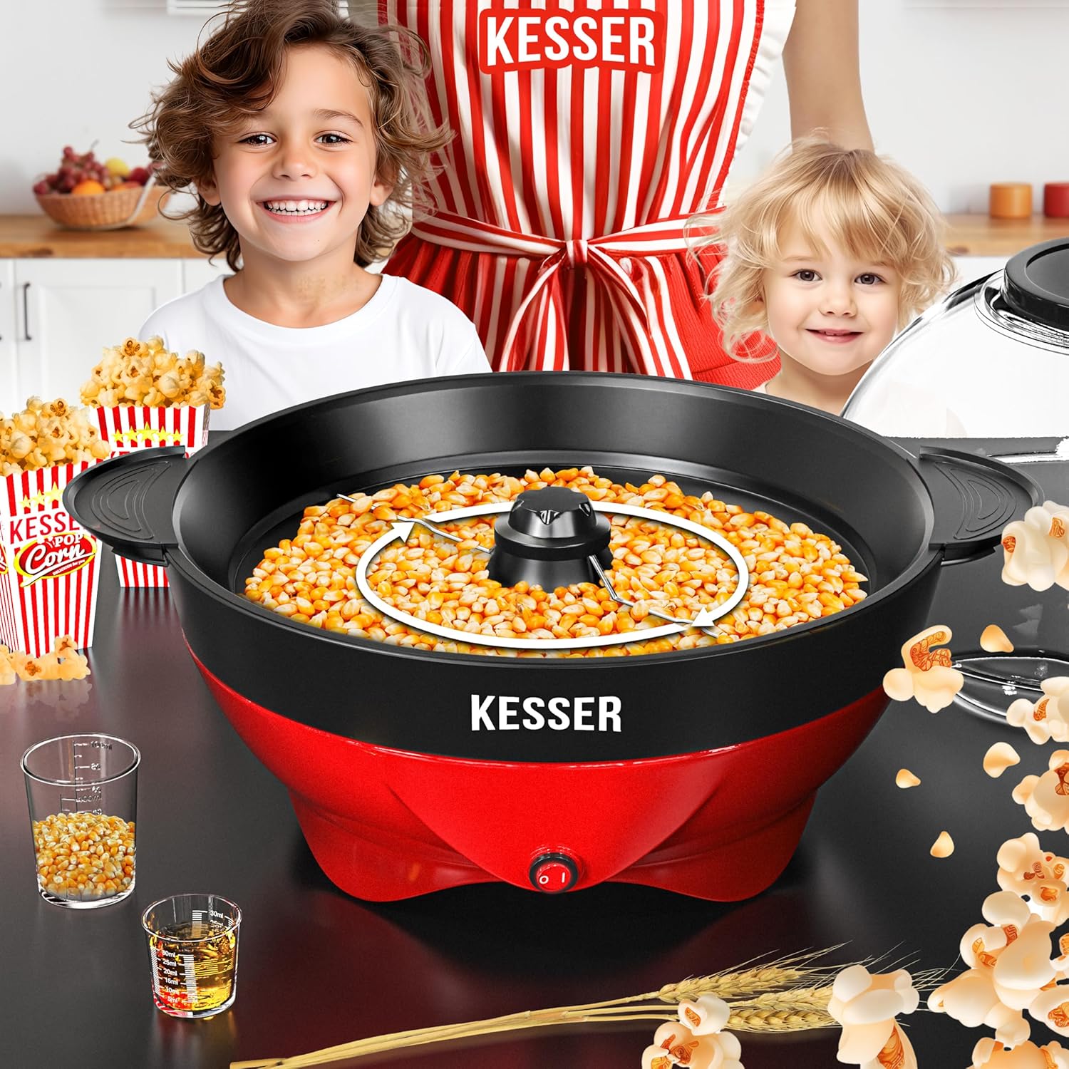 KESSER® Popcorn Machine Large 800 W Popcorn Maker 5.5 L Capacity with Non-Stick Coating Lid and Serving Bowl for Oil Butter Sugar Silent & Quick Includes Measuring and Popcorn Cup Removable Heating