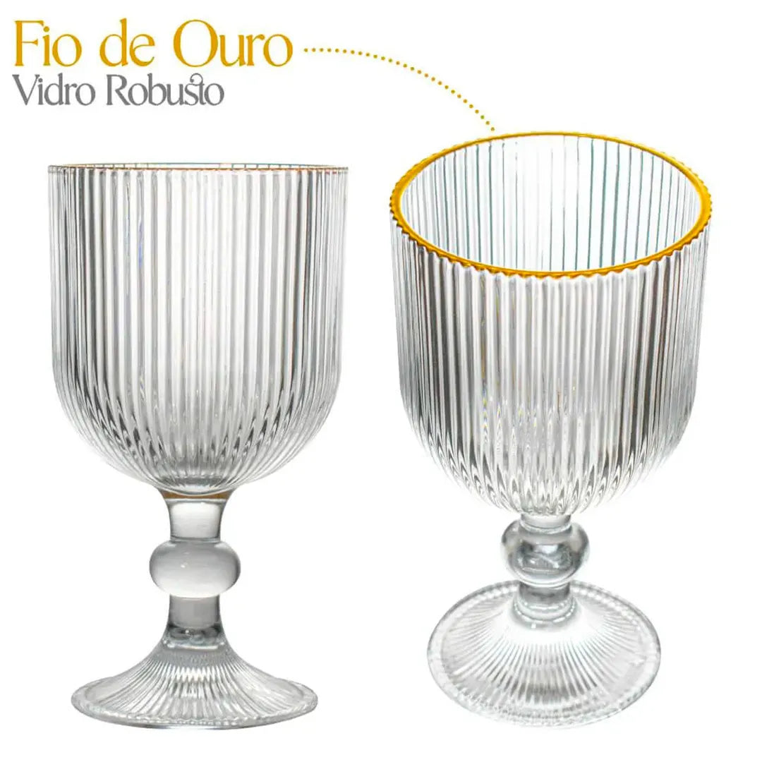 Jogo de Taças de Vidro Graffiato | Fio de Ouro Canelado | 6 Peças 380ml