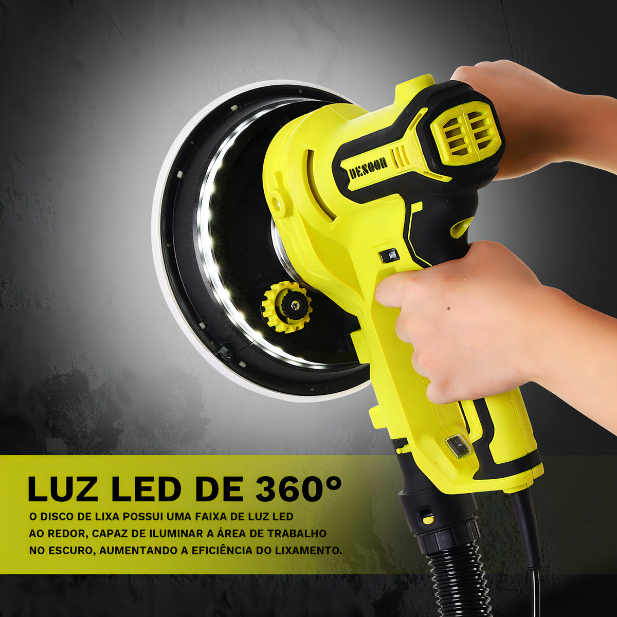 Lixadeira De Parede Elétrica Profissional Teto 900w Com Fita De Luz Led Saco Para O Pó Ajuste Da Velocidade Desoon