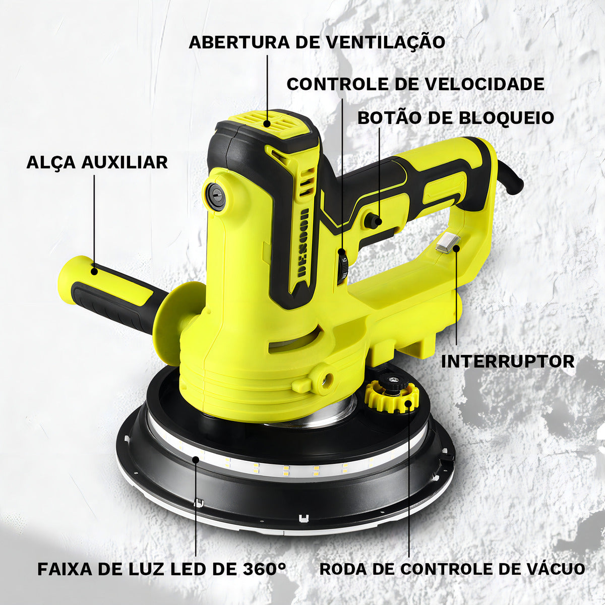 Lixadeira De Parede Elétrica Profissional Teto 900w Com Fita De Luz Led Saco Para O Pó Ajuste Da Velocidade Desoon
