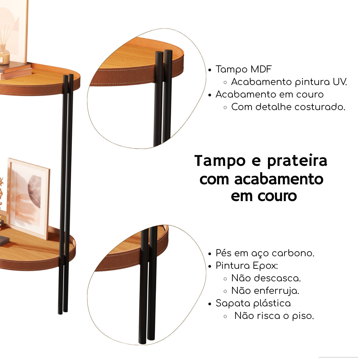 Aparador Madeira Ferro Tampo Oval Acabamento Couro Preto Cor Freijó/preto