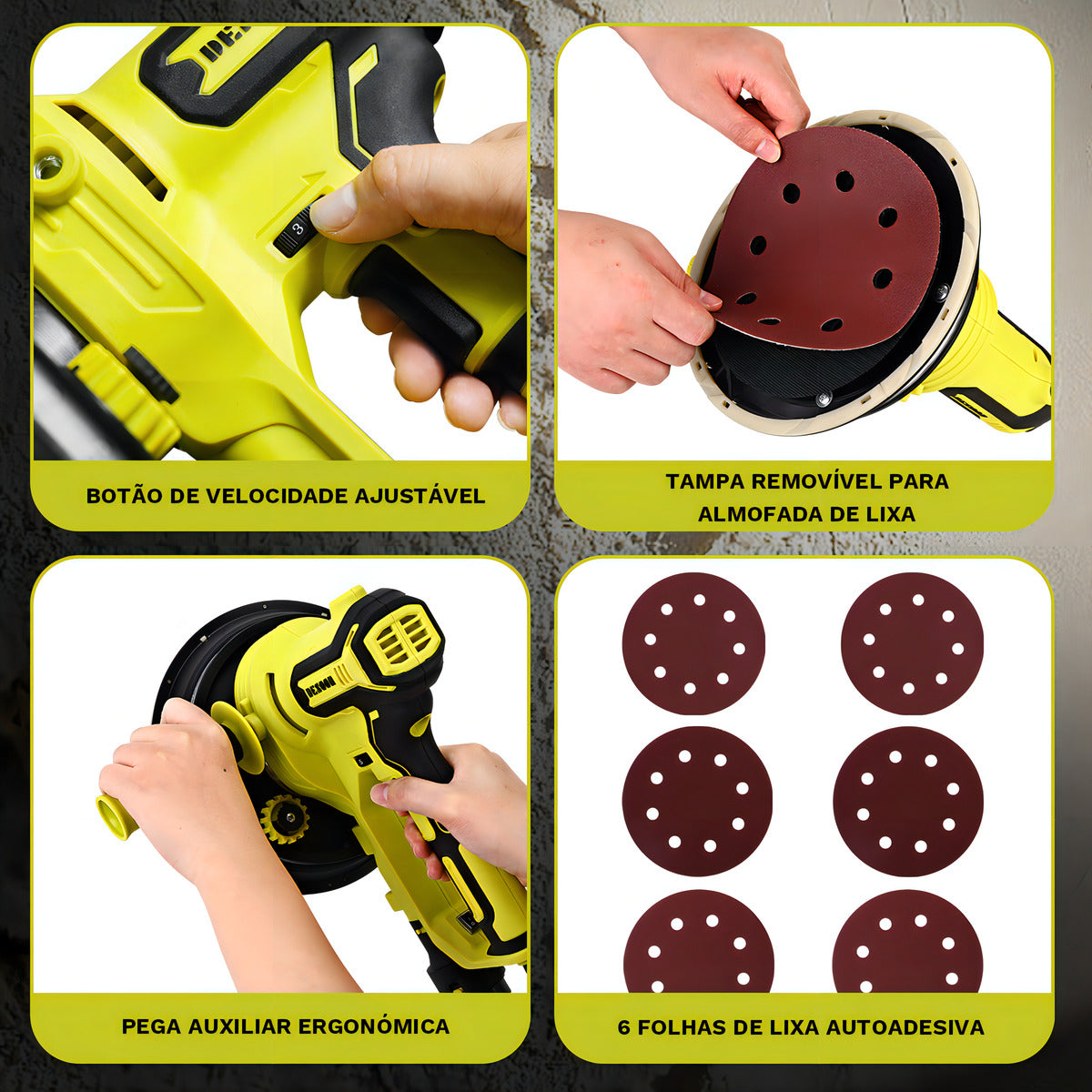 Lixadeira De Parede Elétrica Profissional Teto 900w Com Fita De Luz Led Saco Para O Pó Ajuste Da Velocidade Desoon