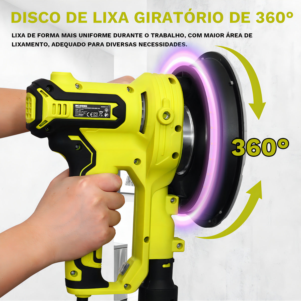 Lixadeira De Parede Elétrica Profissional Teto 900w Com Fita De Luz Led Saco Para O Pó Ajuste Da Velocidade Desoon