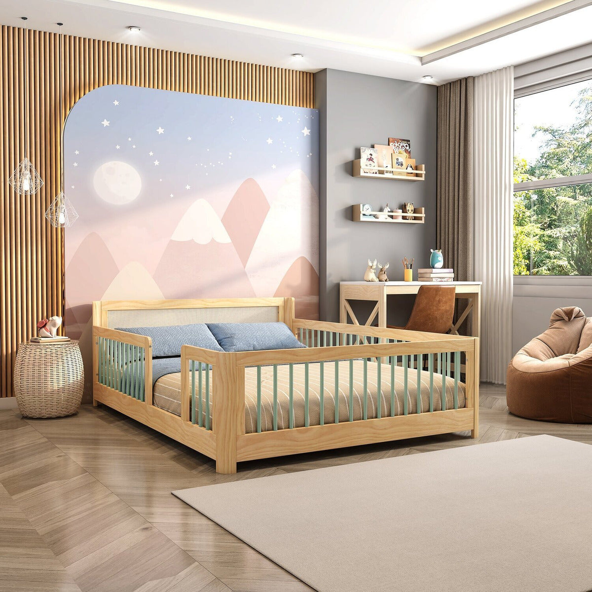 Cama Infantil Casal Montessoriano Wave Com Rattan Casatema