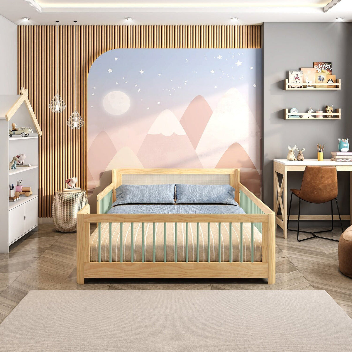 Cama Infantil Casal Montessoriano Wave Com Rattan Casatema