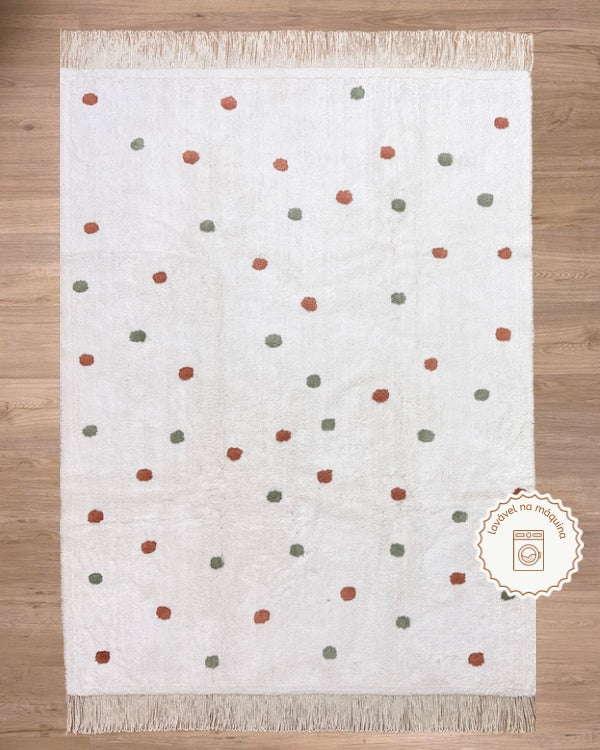 Tapete Lavável de Algodão Bolinhas Boho com Franja