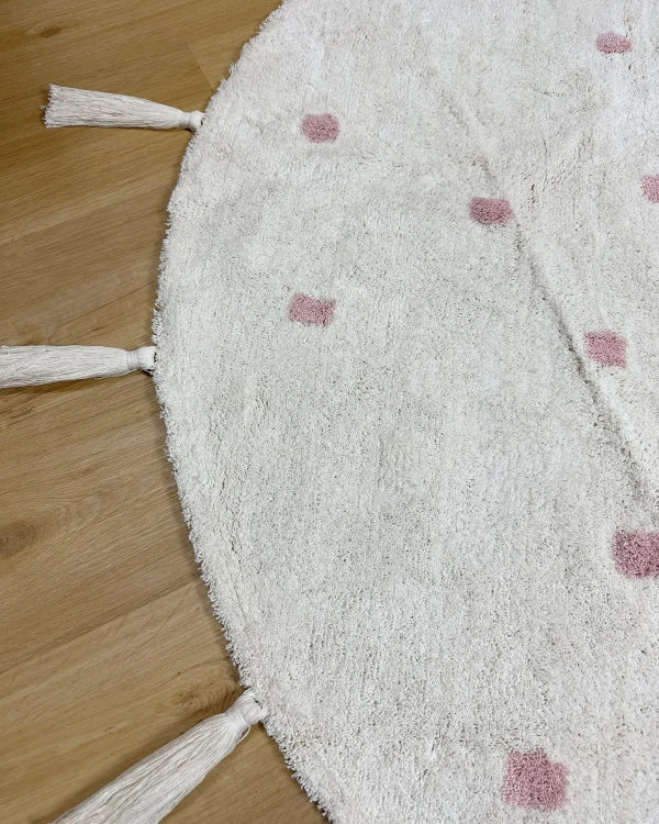 Tapete Lavável de Algodão Redondo Bolinhas Rosa