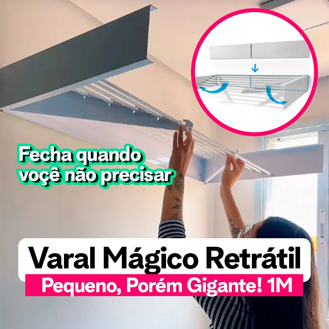 Varal Mágico Retrátil de 1 Metro com 6 Varetas | Design Compacto | Pague 2 e Leve 3