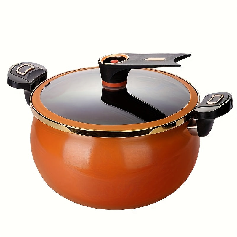 An rotary lock handle suitable for quick cooking of large capacity soup pots, a functional kitchen stew pot in black, blue, and orange suitable for all types of stoves, and a creative home gift