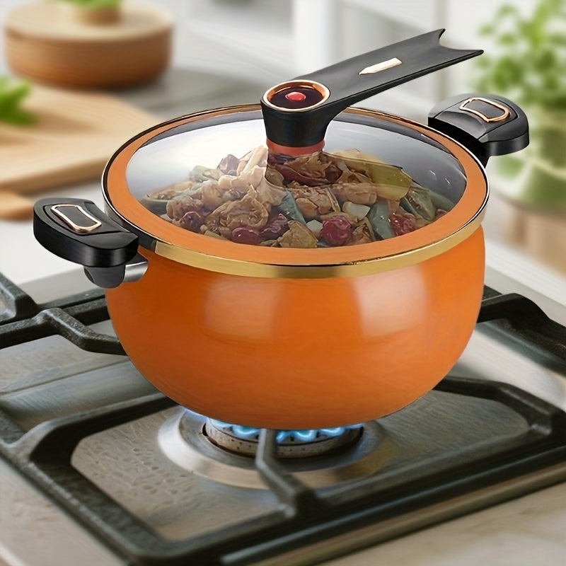 An rotary lock handle suitable for quick cooking of large capacity soup pots, a functional kitchen stew pot in black, blue, and orange suitable for all types of stoves, and a creative home gift