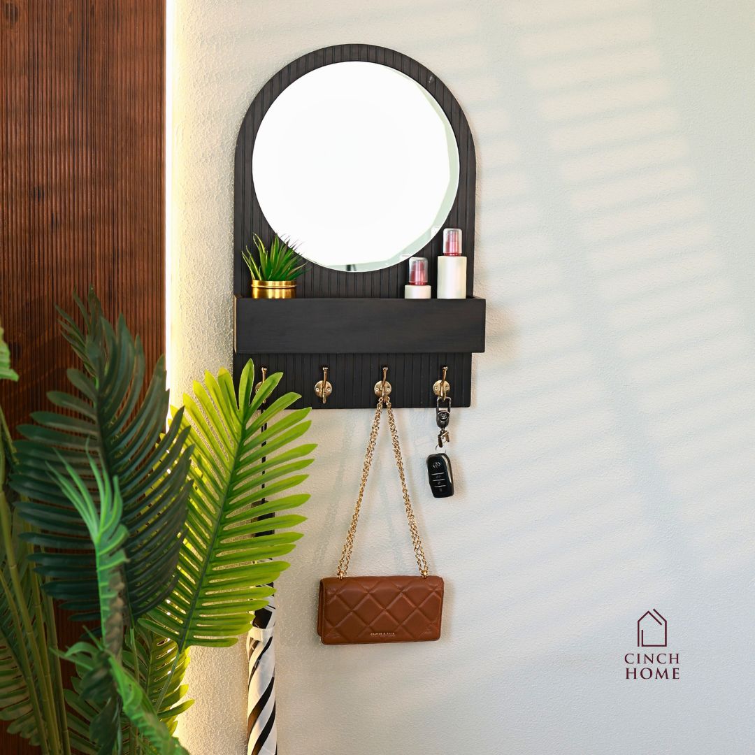 Organizador de Entrada com Espelho Redondo com Ganchos Duplos e Prateleira