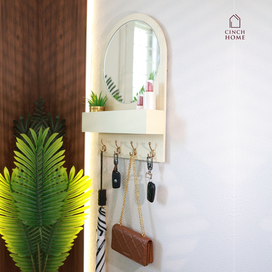 Organizador de Entrada com Espelho Redondo com Ganchos Duplos e Prateleira