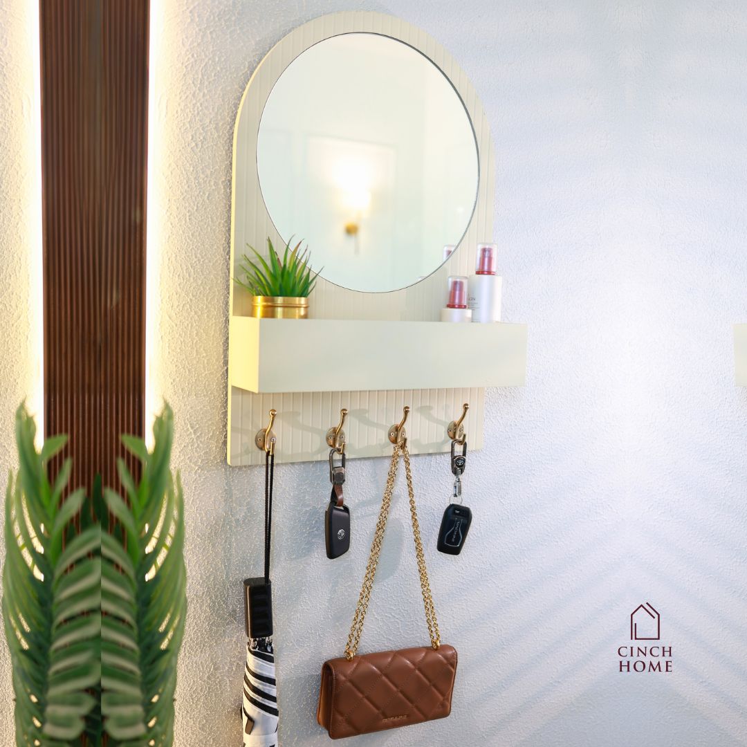 Organizador de Entrada com Espelho Redondo com Ganchos Duplos e Prateleira