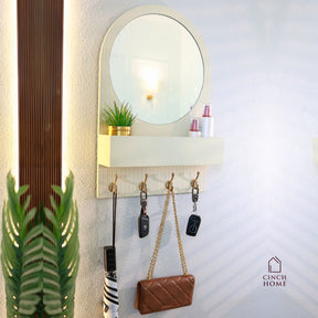 Organizador de Entrada com Espelho Redondo com Ganchos Duplos e Prateleira