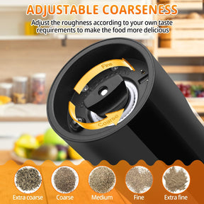 One-Pack and Two-Pack Electric Rechargeable Pepper Grinder Set with Top-Fill Automatic Grinder, Adjustable Coarseness, Large Capacity Easy Load, LED Light for Home Kitchen