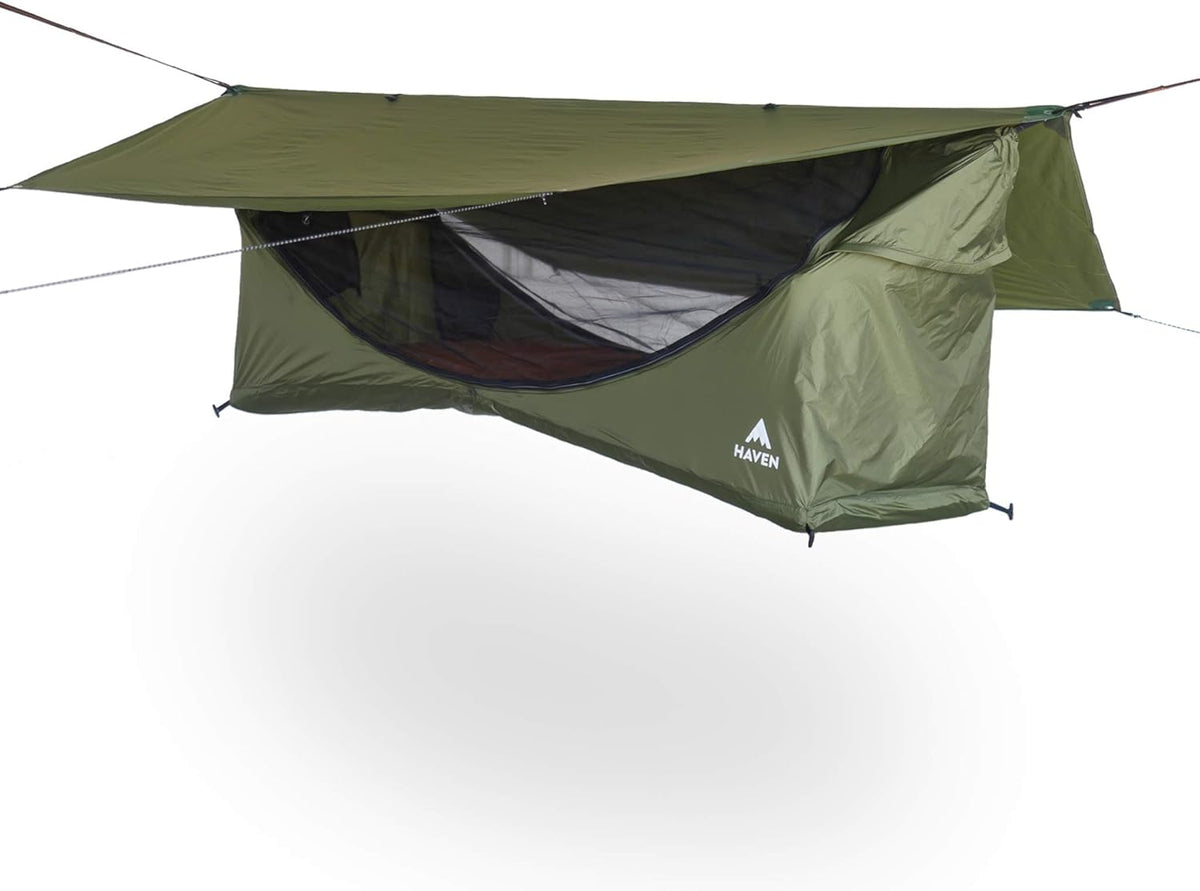 Haven Tents Barraca de rede plana - barraca impermeável e rede de acampamento com rede mosquiteira - inclui almofada isolada e mosca de chuva - barraca Haven, refúgio GG, safári