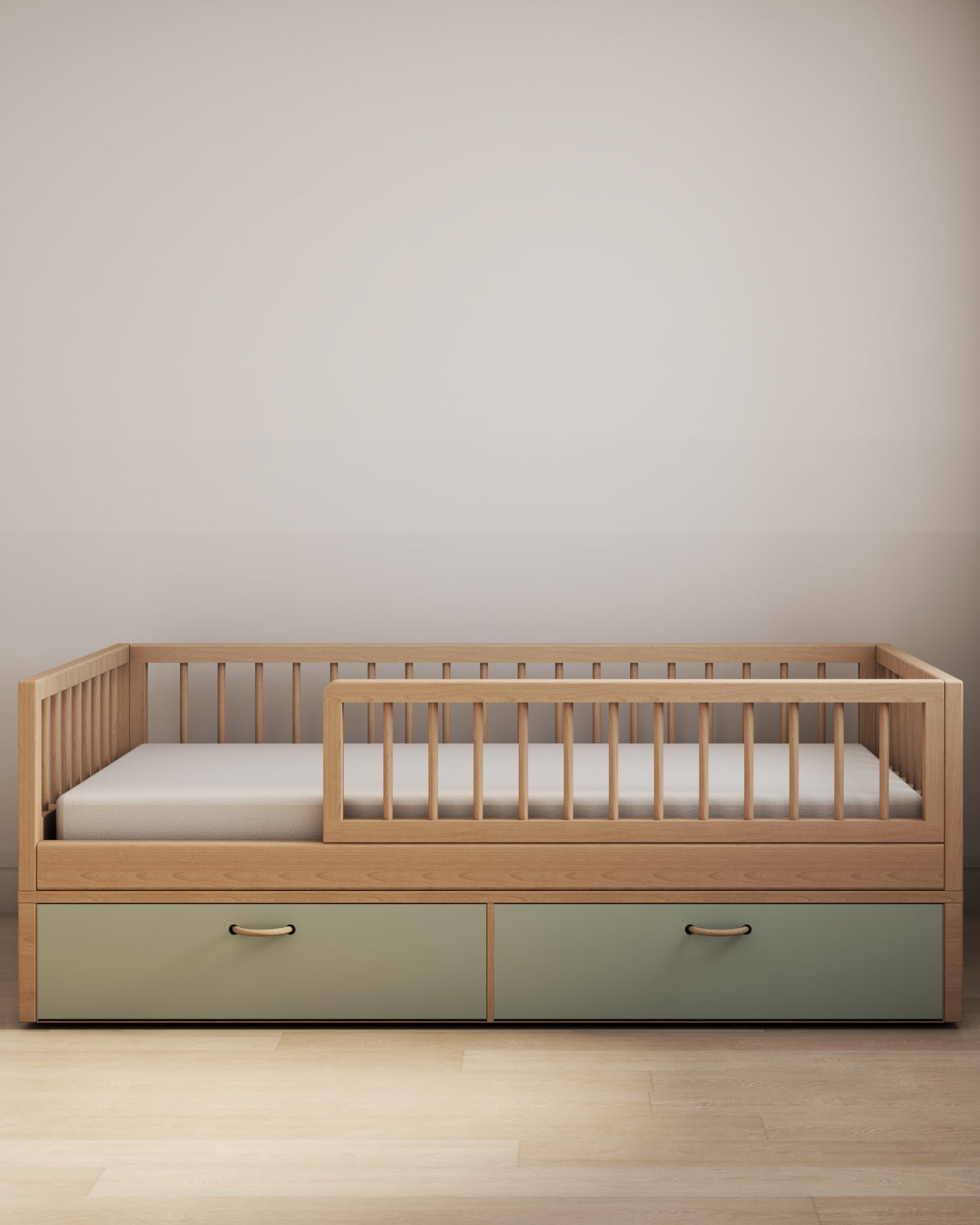 Cama Montessori Evolutiva - Saída Lateral + Gavetões Verdes