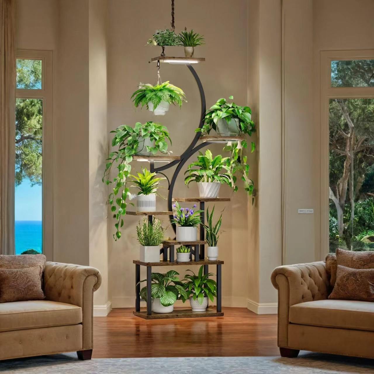 Plant Stand Indoor with Grow Lights, 8 Tiered Indoor Plant Shelf, 61" Tall Plant Stand for Indoor Plants Multiple, Metal Plant Flower Holder Stand, S-Shaped Plant Rack for Home, Patio (Black)