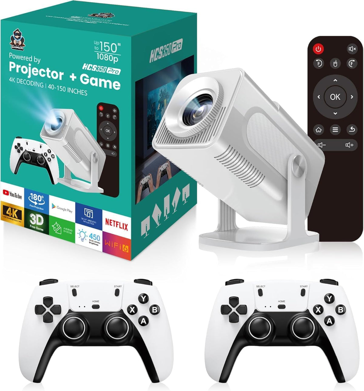 Projetor Hcs350 4k Pro + Game Com 2 Controles Sem Fio Branco