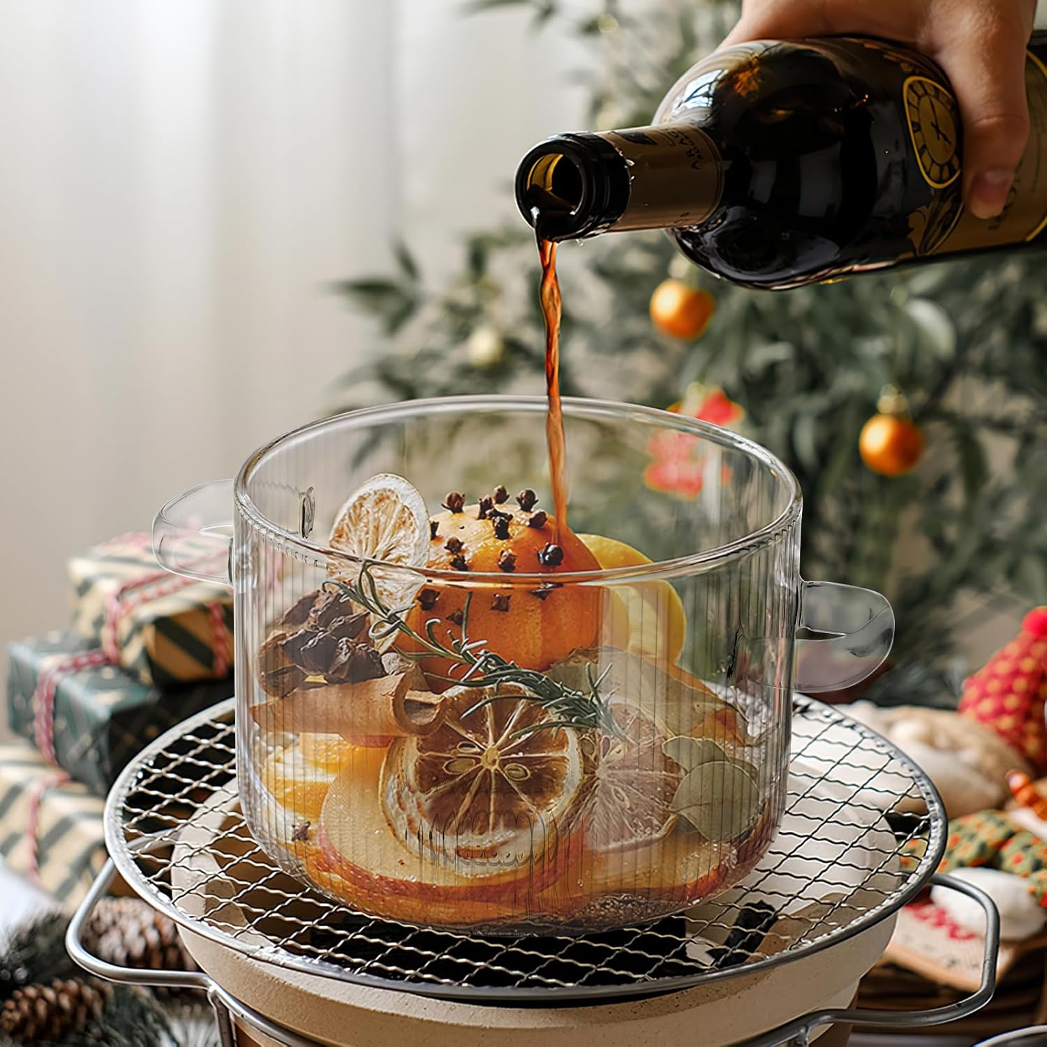 Jucoan Panela de vidro de 1,8 L / 1,7 g com tampa, panela de cozimento para fogão, panela de vidro resistente ao calor para macarrão, sopa, leite, fragrância doméstica de Natal