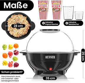 KESSER® Popcorn Machine Large 800 W Popcorn Maker 5.5 L Capacity with Non-Stick Coating Lid and Serving Bowl for Oil Butter Sugar Silent & Quick Includes Measuring and Popcorn Cup Removable Heating
