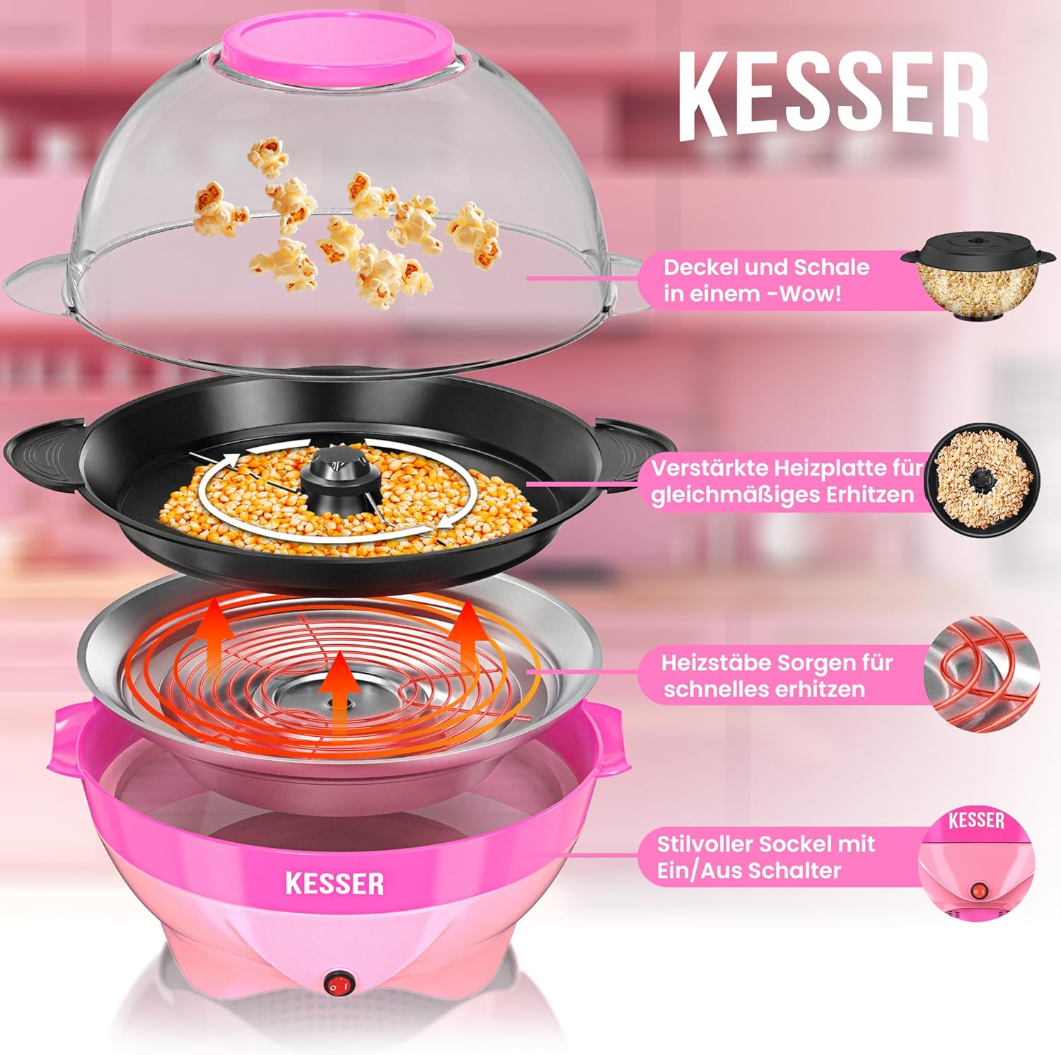 KESSER® Popcorn Machine Large 800 W Popcorn Maker 5.5 L Capacity with Non-Stick Coating Lid and Serving Bowl for Oil Butter Sugar Silent & Quick Includes Measuring and Popcorn Cup Removable Heating