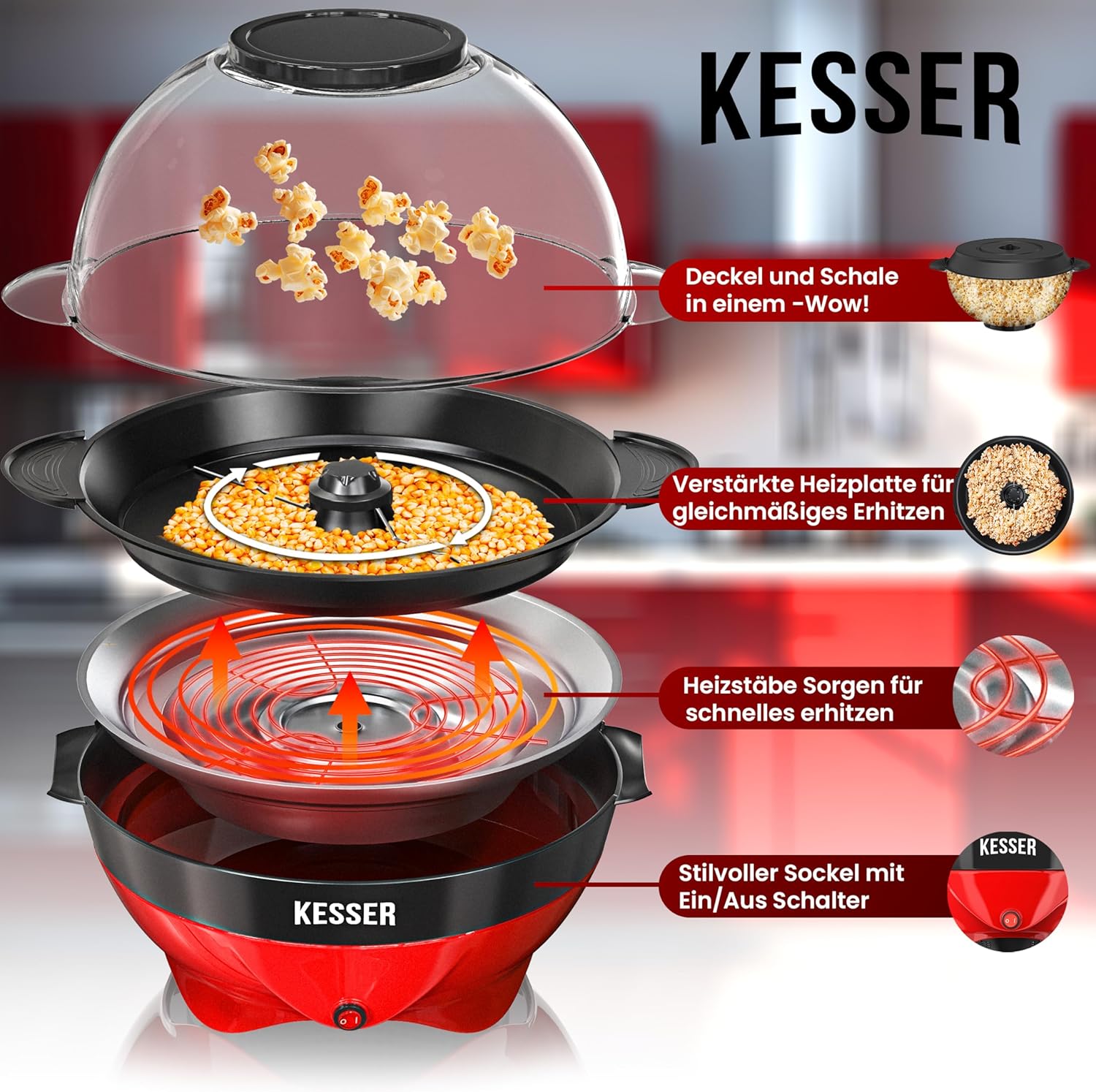KESSER® Popcorn Machine Large 800 W Popcorn Maker 5.5 L Capacity with Non-Stick Coating Lid and Serving Bowl for Oil Butter Sugar Silent & Quick Includes Measuring and Popcorn Cup Removable Heating