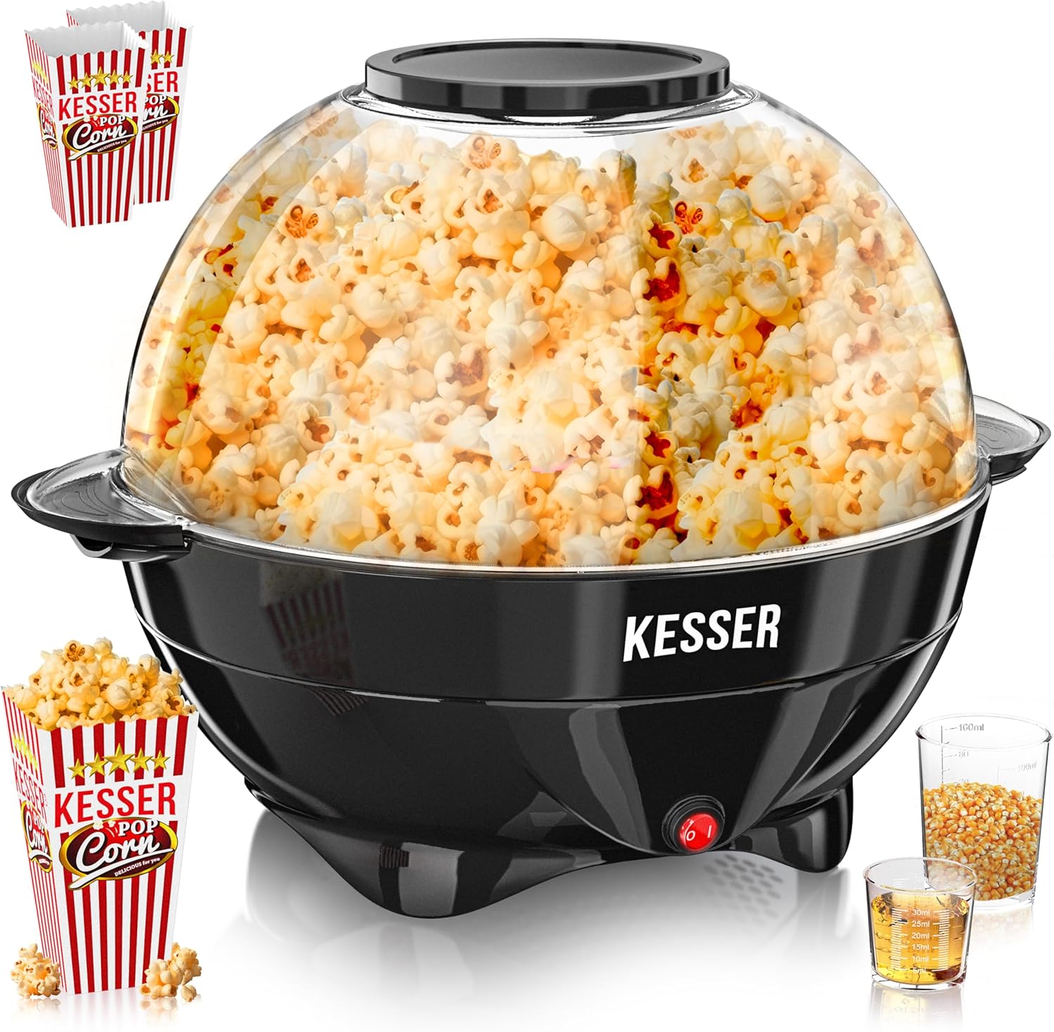 KESSER® Popcorn Machine Large 800 W Popcorn Maker 5.5 L Capacity with Non-Stick Coating Lid and Serving Bowl for Oil Butter Sugar Silent & Quick Includes Measuring and Popcorn Cup Removable Heating