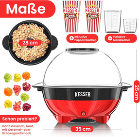 KESSER® Popcorn Machine Large 800 W Popcorn Maker 5.5 L Capacity with Non-Stick Coating Lid and Serving Bowl for Oil Butter Sugar Silent & Quick Includes Measuring and Popcorn Cup Removable Heating