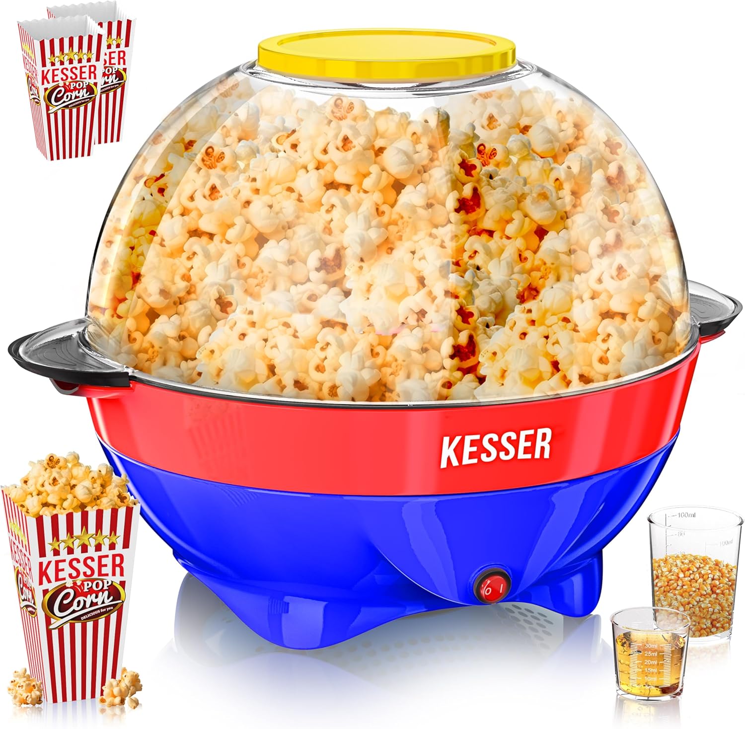 KESSER® Popcorn Machine Large 800 W Popcorn Maker 5.5 L Capacity with Non-Stick Coating Lid and Serving Bowl for Oil Butter Sugar Silent & Quick Includes Measuring and Popcorn Cup Removable Heating