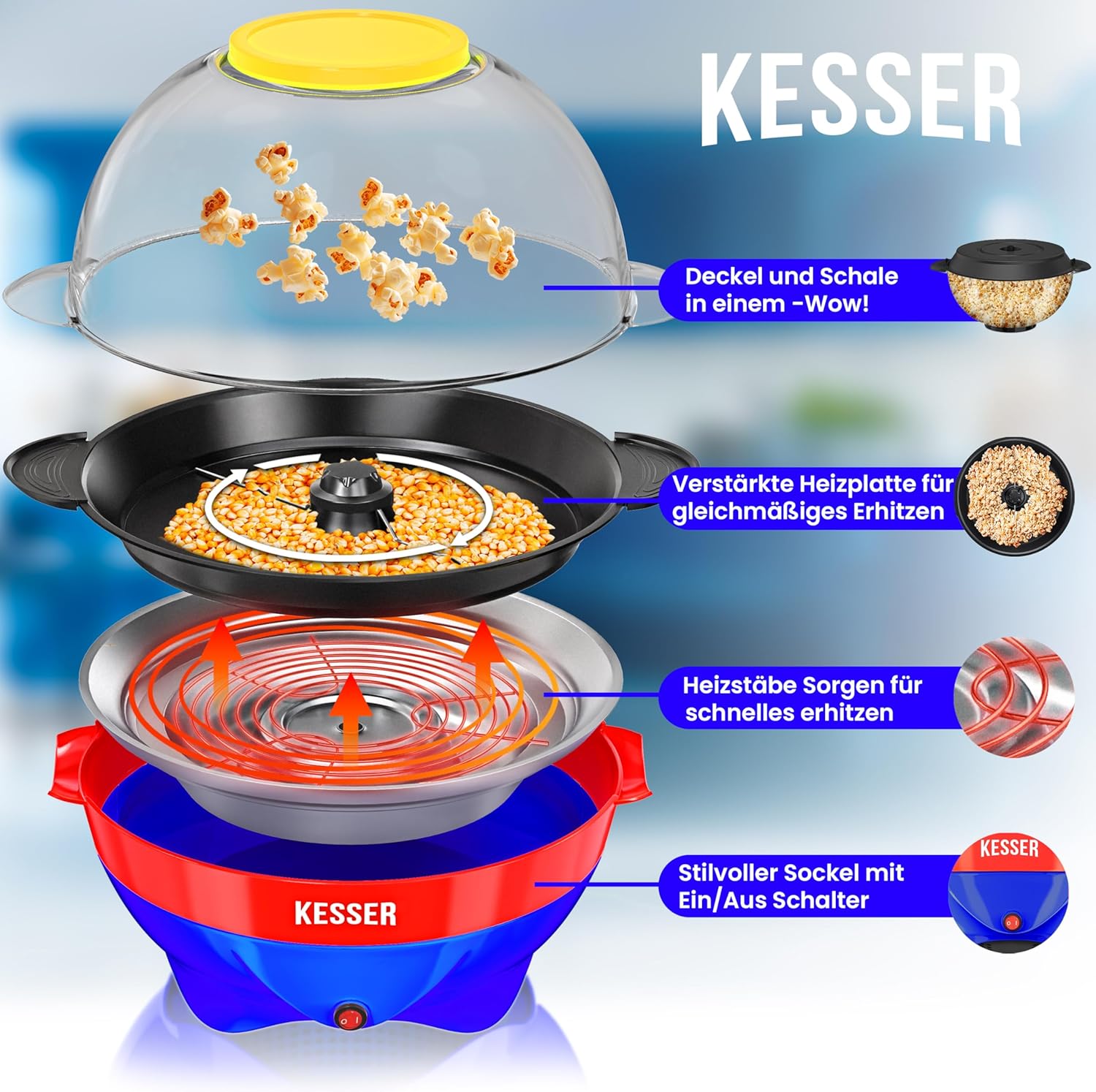 KESSER® Popcorn Machine Large 800 W Popcorn Maker 5.5 L Capacity with Non-Stick Coating Lid and Serving Bowl for Oil Butter Sugar Silent & Quick Includes Measuring and Popcorn Cup Removable Heating